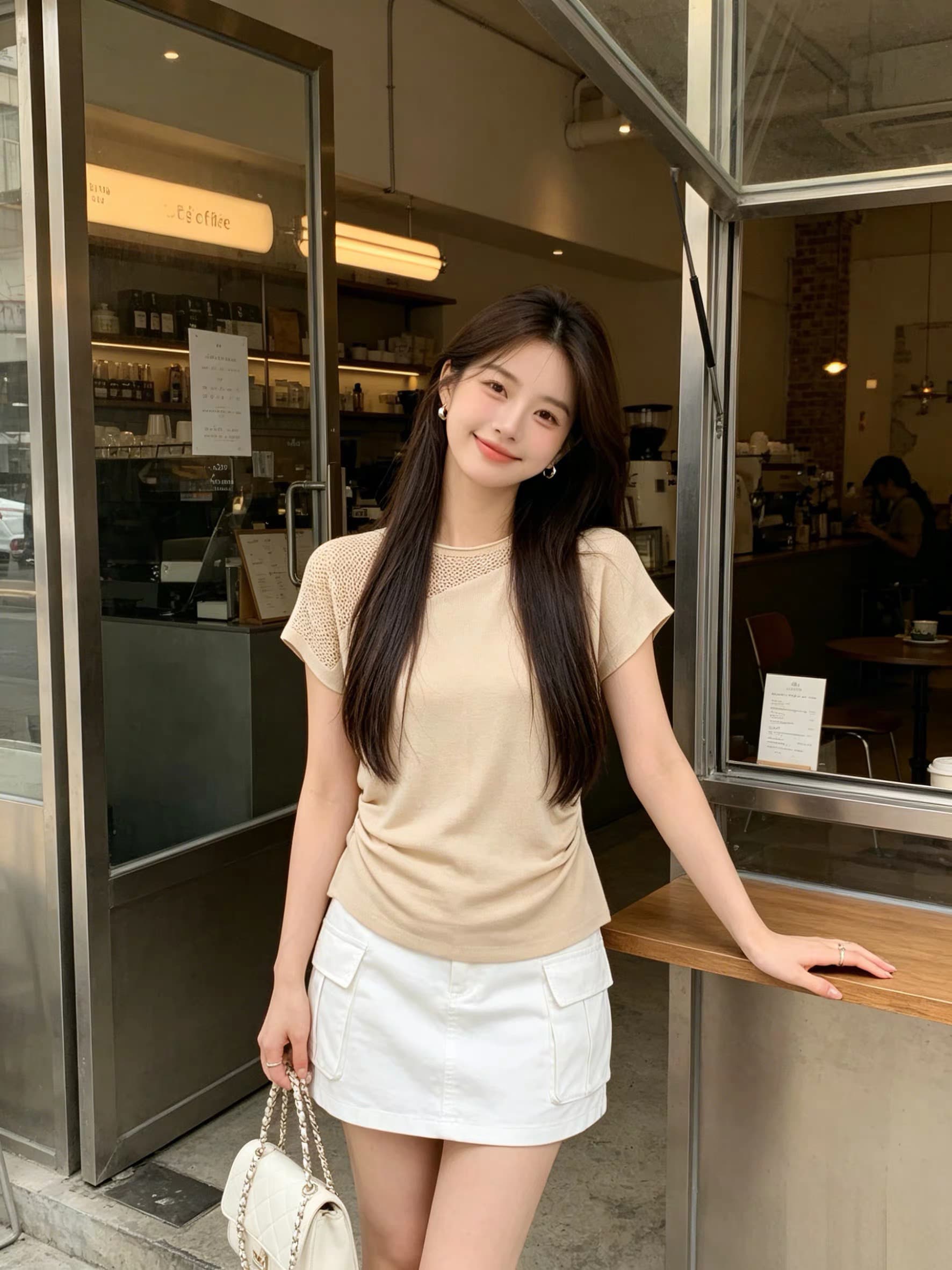 한 부서 연령 감소 다용도 주름 허리 수축 슬림해 보이는 패치워크 홀로우 아웃 티셔츠 반팔 페이크 레이어드 맨위 여름 상세 이미지 2