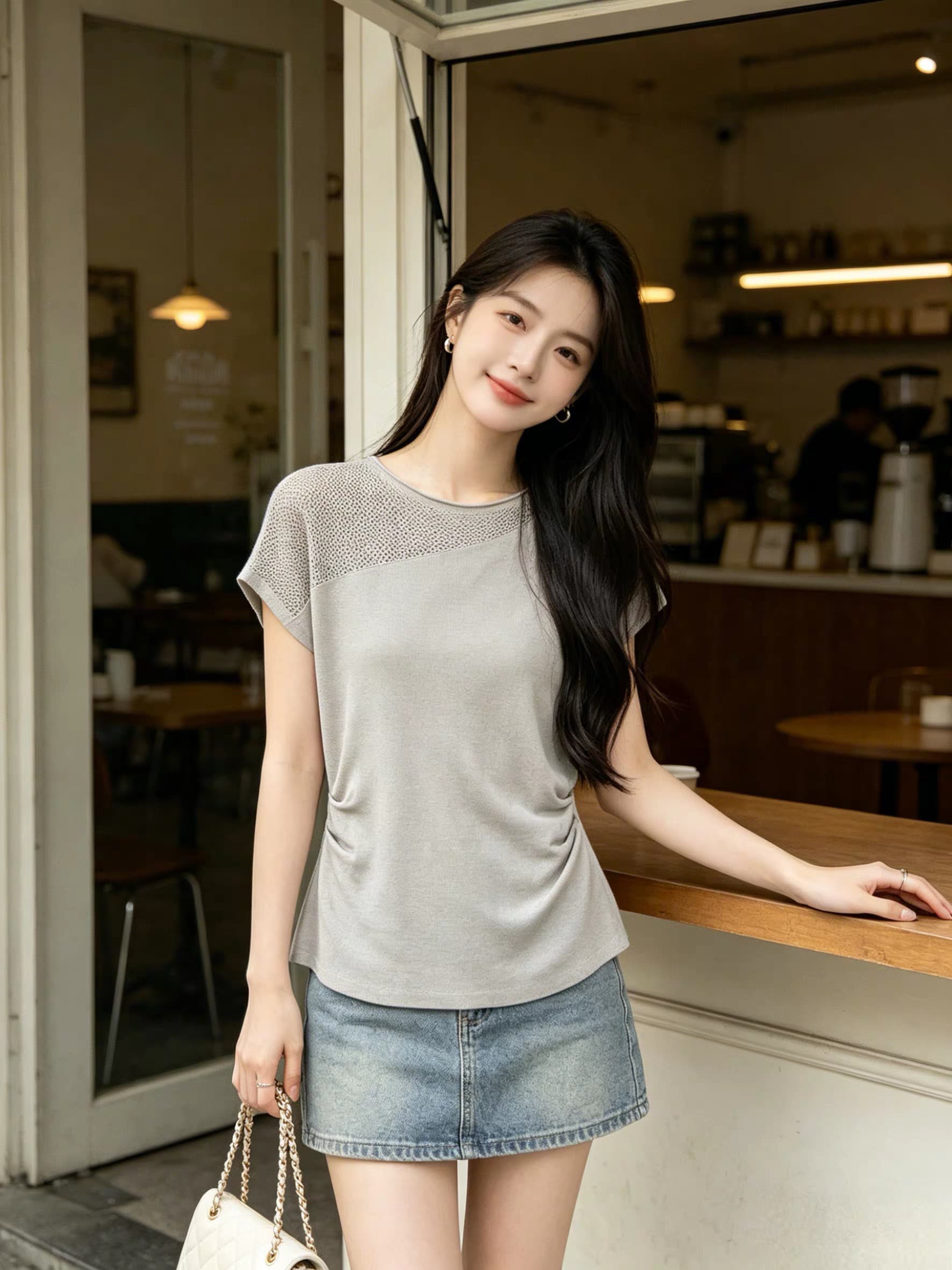 한 부서 연령 감소 다용도 주름 허리 수축 슬림해 보이는 패치워크 홀로우 아웃 티셔츠 반팔 페이크 레이어드 맨위 여름 상세 이미지 7
