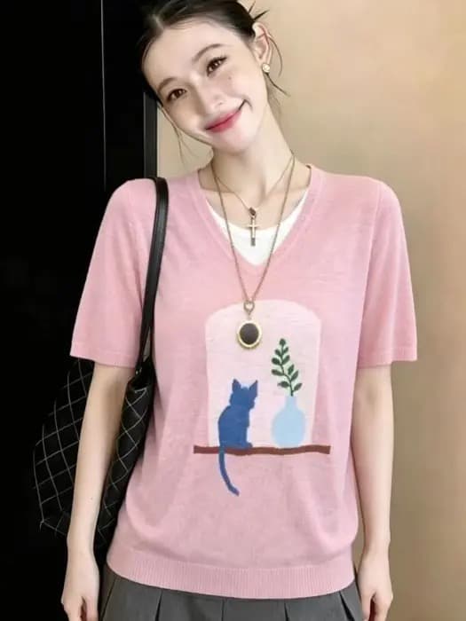 창 ~ 중 고양이 패션 반팔 다용도 루즈핏 슬림해 보이는 트렌드 기초 섹션 맨위 2026 새로운 티셔츠 만나는 얇은 상세 이미지 3