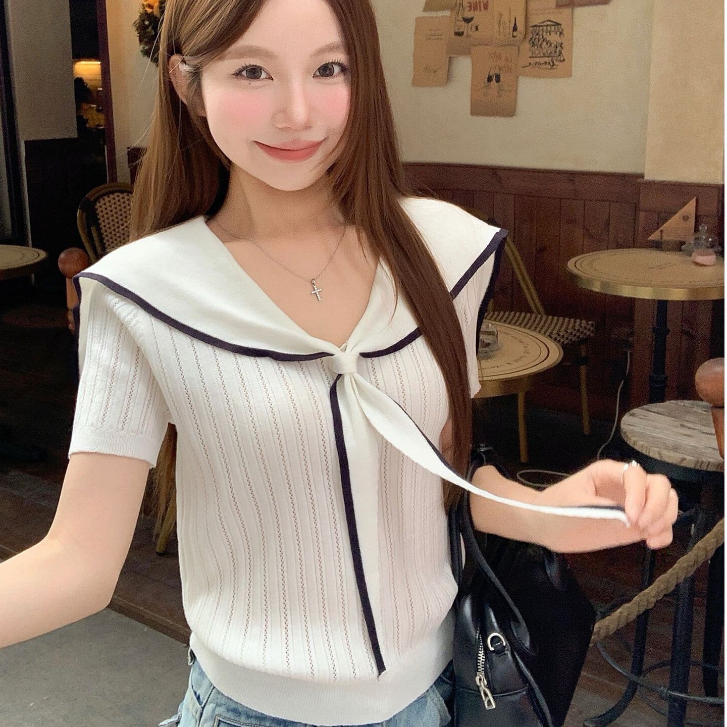 한 부서 해군 칼라 반팔 니트 스웨터 여성 여름 새로운 배색 리본 V넥 홀로우 아웃 슬림해 보이는 학원 스타일 맨위 상세 이미지 10