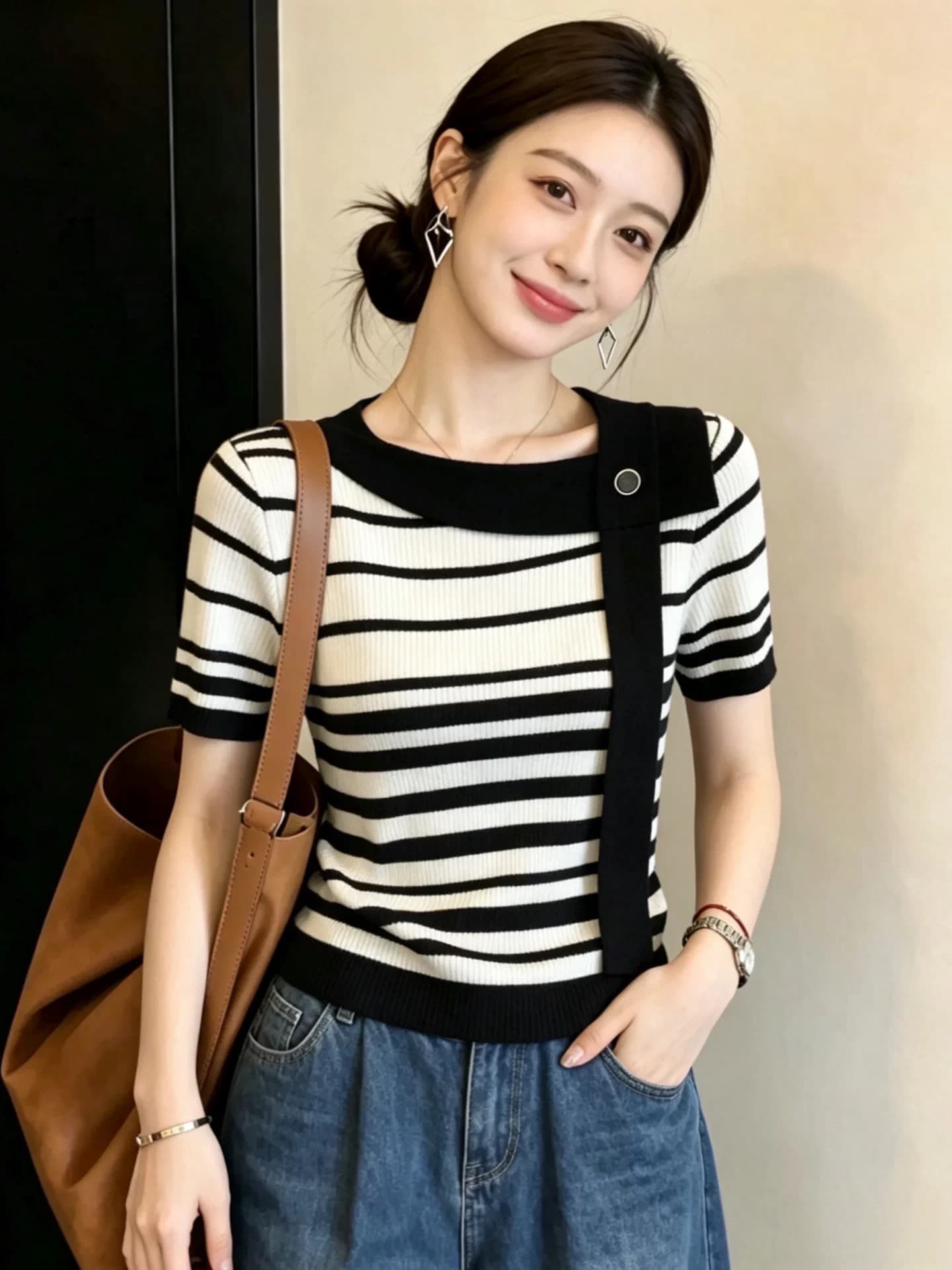 한 부서 Chic 비스듬한 어깨 디자인 센스 여성 패션 맨위 외국 가스 세련된 연령 감소 반팔 니트 작은 셔츠 2026 새로운