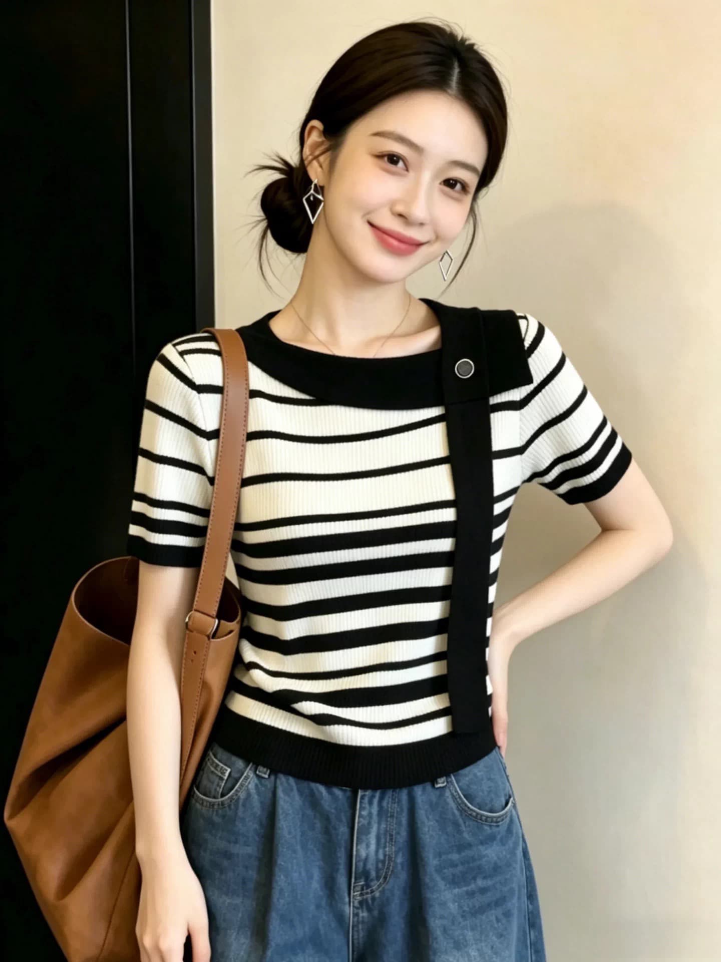 한 부서 Chic 비스듬한 어깨 디자인 센스 여성 패션 맨위 외국 가스 세련된 연령 감소 반팔 니트 작은 셔츠 2026 새로운 상세 이미지 4
