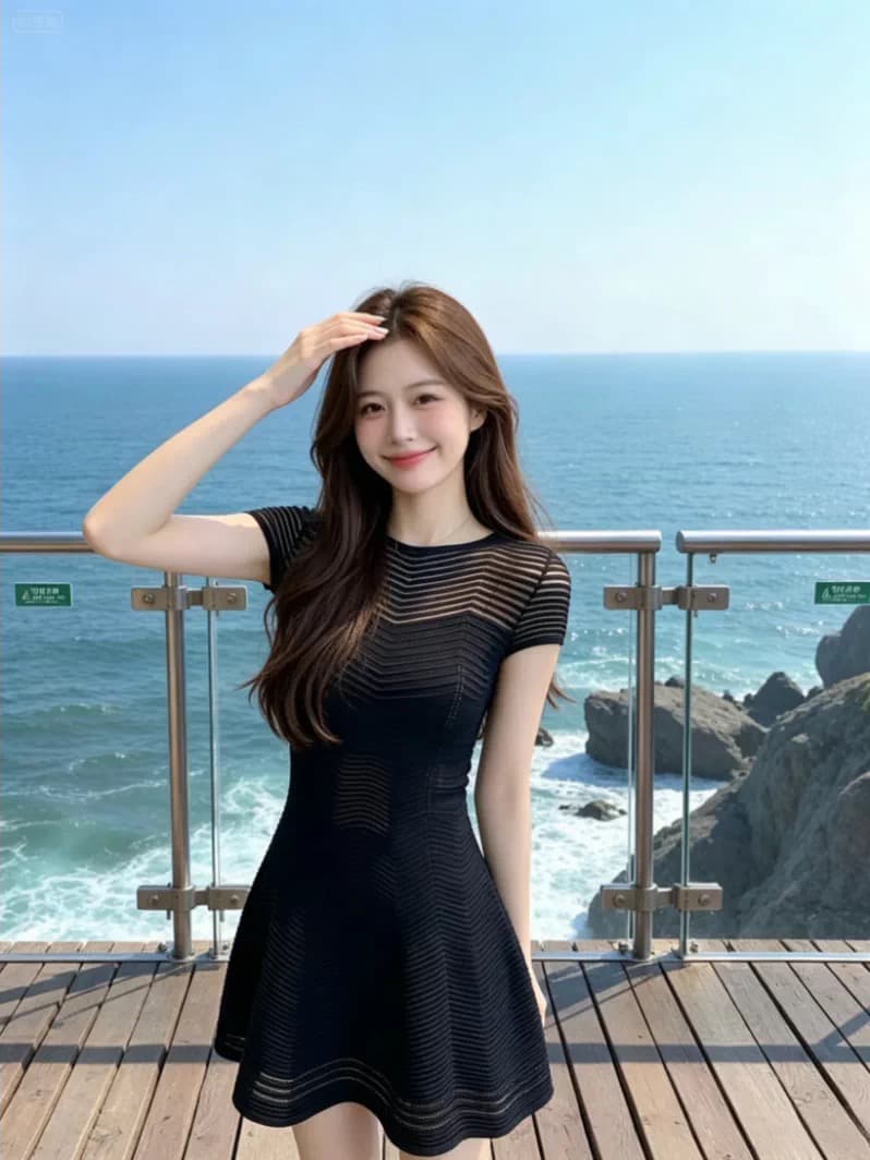 순수한 욕망 품격 홀로우 아웃 패치워크 물결무늬 3 차원 스트라이프 니트 여성 드레스 여름 2026 새로운 허리 수축 미니 스커트 이미지 3