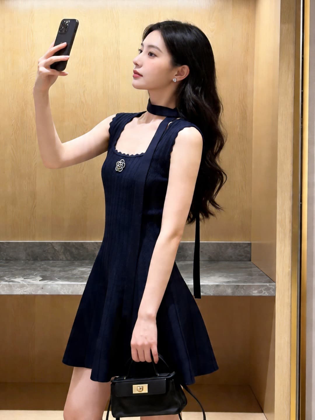 한 부서 고급 센스 품격 출퇴근 바람 니트 민소매 드레스 여름 몸매 가꾸기 광장 칼라 미니 스커트 진한 파란색 A라인 스커트 이미지 4
