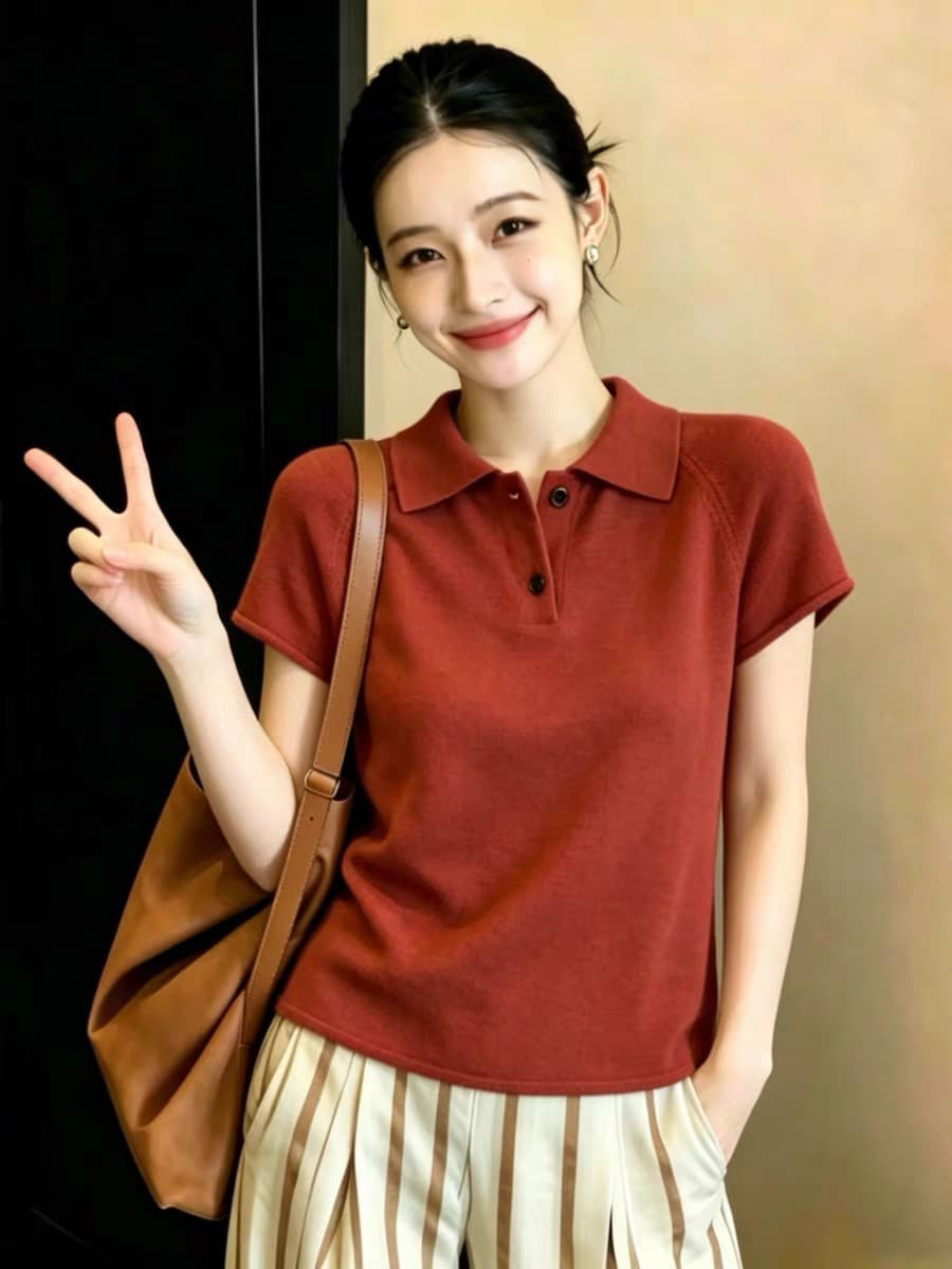 레트로 빨간색 POLO 칼라 반 개방 버클 반팔 티셔츠 여성 2026 새로운 여름 루즈핏 슬림해 보이는 캐주얼 얇은 맨위 이미지 4