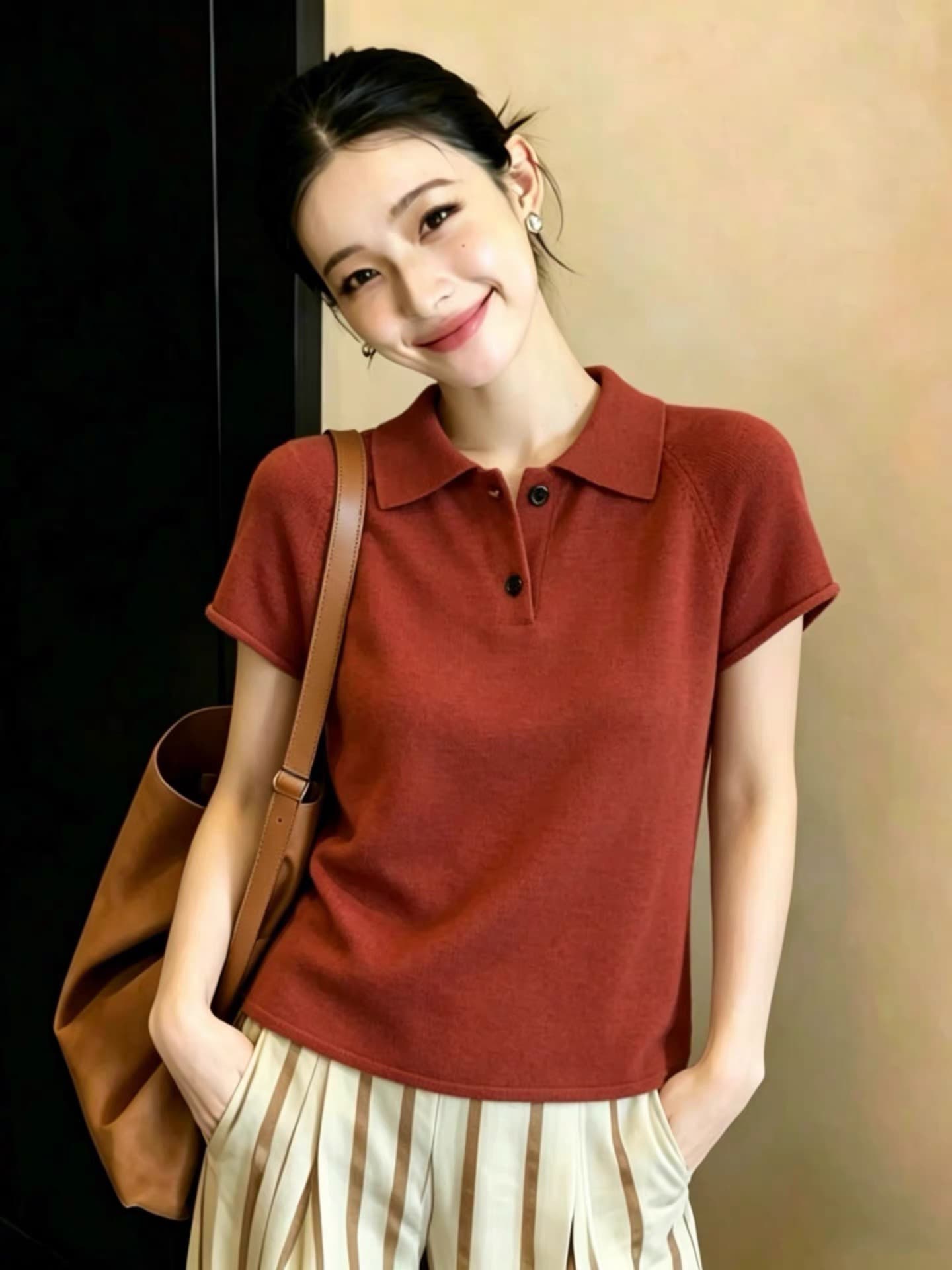 레트로 빨간색 POLO 칼라 반 개방 버클 반팔 티셔츠 여성 2026 새로운 여름 루즈핏 슬림해 보이는 캐주얼 얇은 맨위 상세 이미지 1
