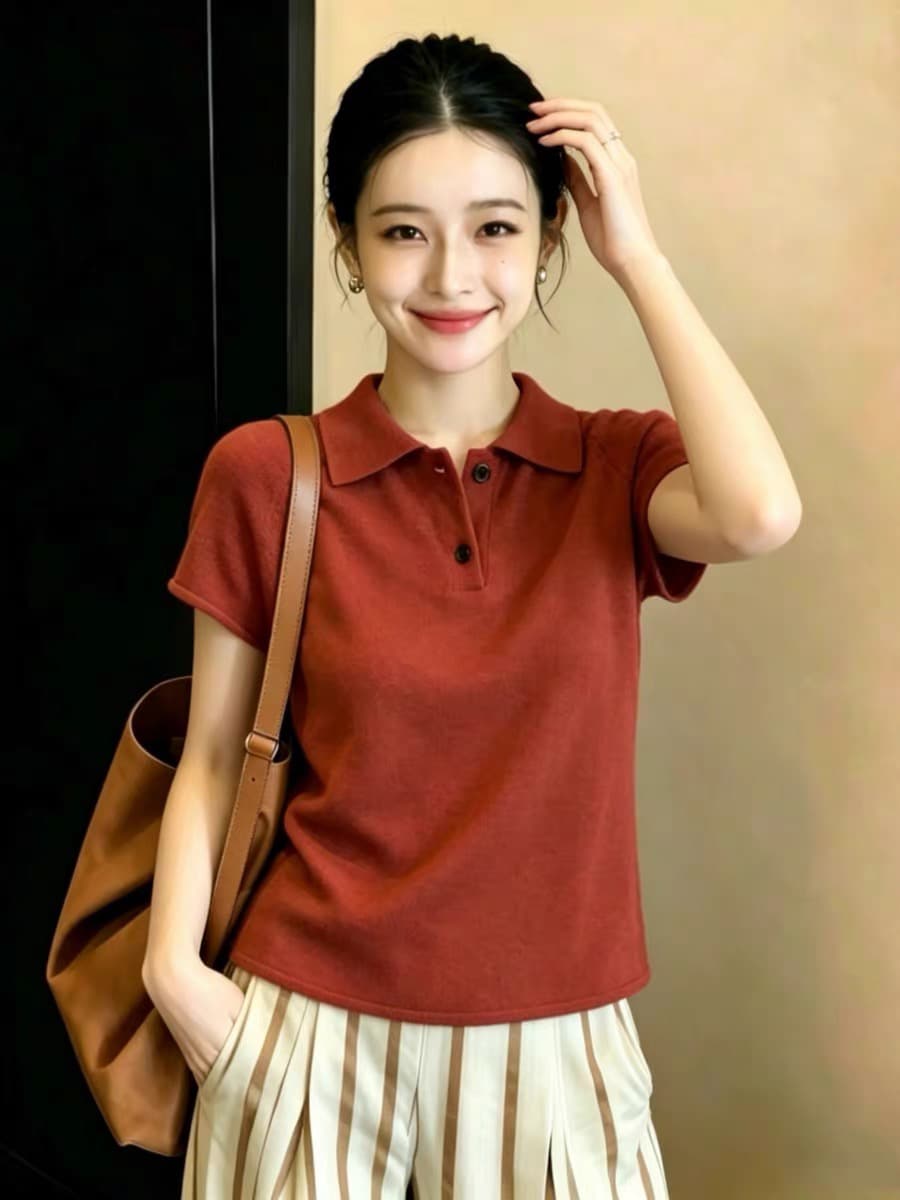 레트로 빨간색 POLO 칼라 반 개방 버클 반팔 티셔츠 여성 2026 새로운 여름 루즈핏 슬림해 보이는 캐주얼 얇은 맨위 상세 이미지 2