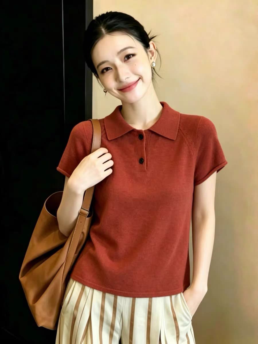 레트로 빨간색 POLO 칼라 반 개방 버클 반팔 티셔츠 여성 2026 새로운 여름 루즈핏 슬림해 보이는 캐주얼 얇은 맨위 상세 이미지 5