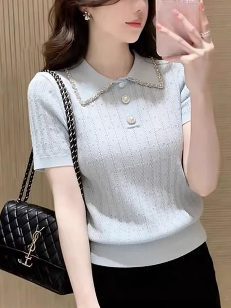 보존 섹션 추천 한 부서 무거운 작업 다이아몬드 세팅 POLO 칼라 반팔 니트 스웨터 여성 여름 자이언트 잘 생긴 아름다운 맨위 이미지 2