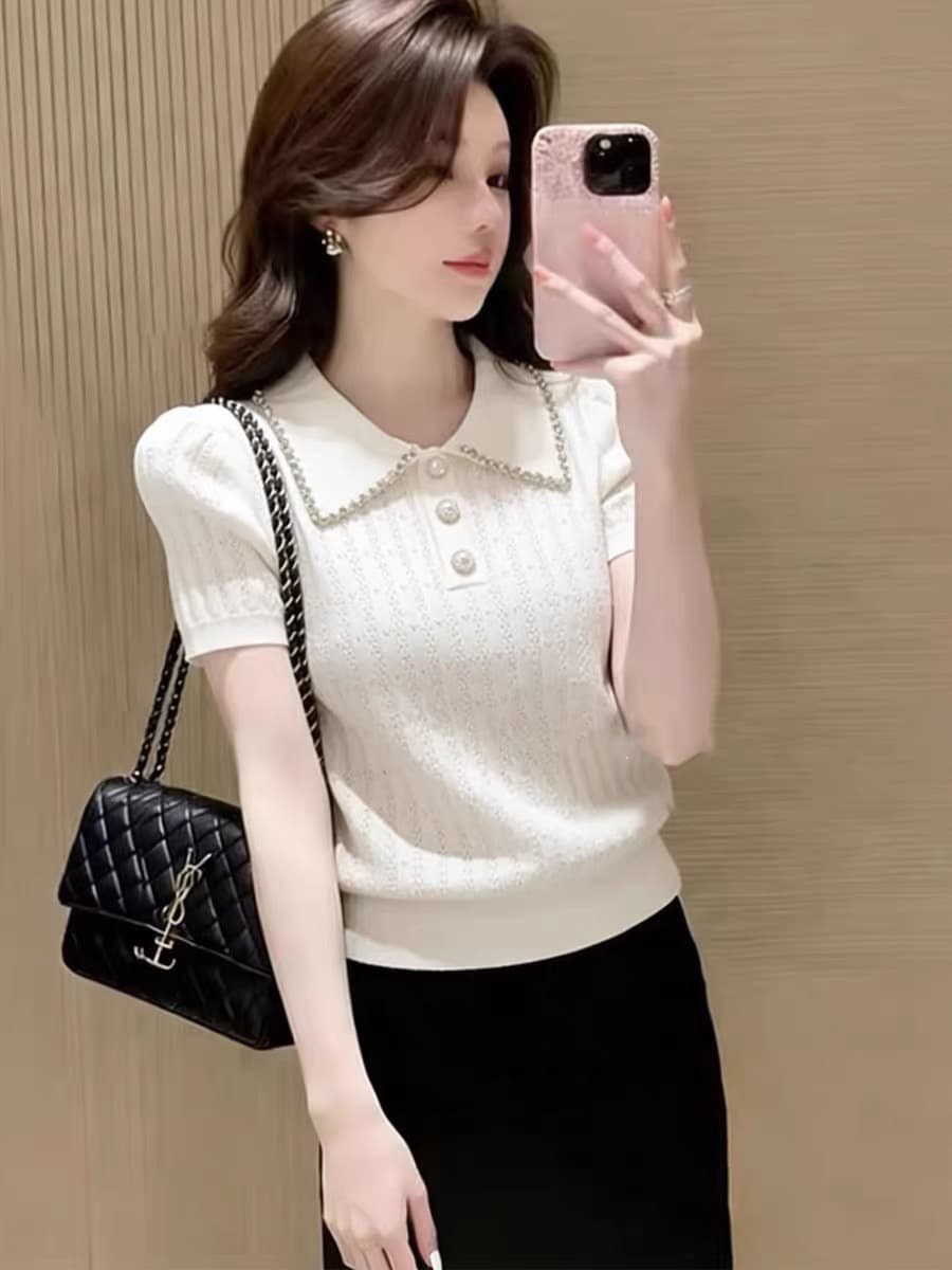 보존 섹션 추천 한 부서 무거운 작업 다이아몬드 세팅 POLO 칼라 반팔 니트 스웨터 여성 여름 자이언트 잘 생긴 아름다운 맨위 이미지 3