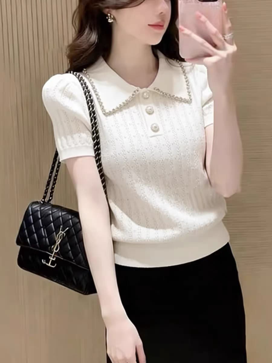 보존 섹션 추천 한 부서 무거운 작업 다이아몬드 세팅 POLO 칼라 반팔 니트 스웨터 여성 여름 자이언트 잘 생긴 아름다운 맨위 상세 이미지 1