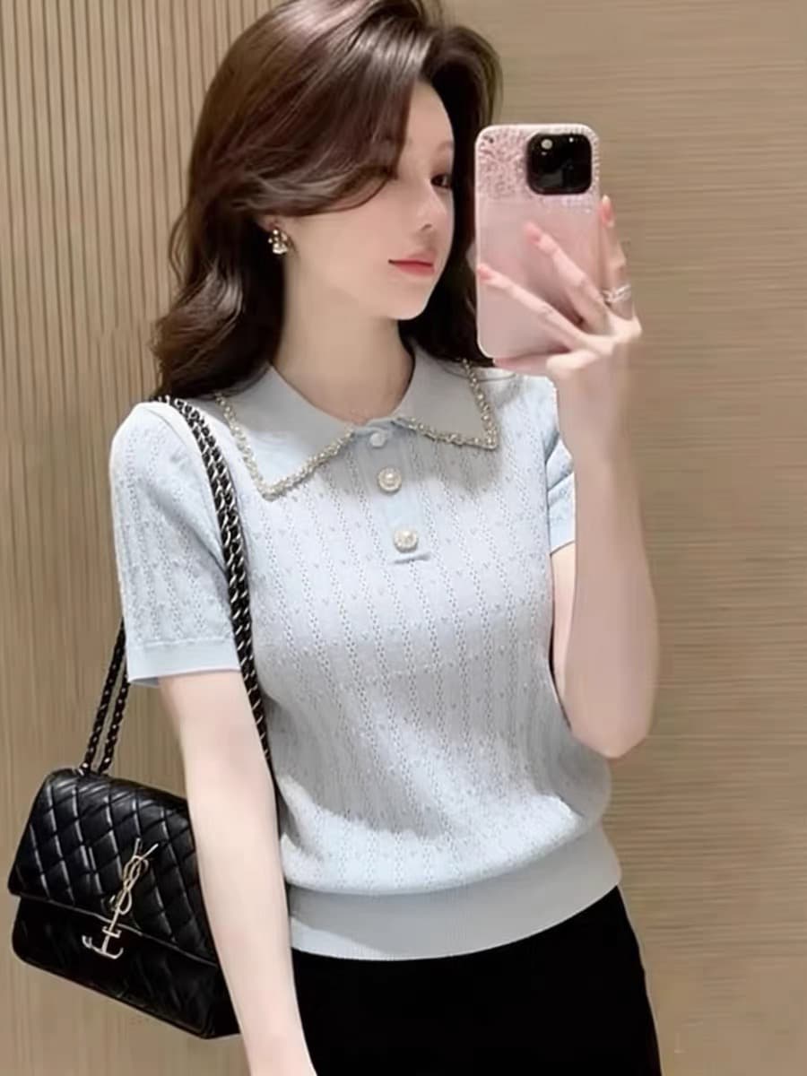 보존 섹션 추천 한 부서 무거운 작업 다이아몬드 세팅 POLO 칼라 반팔 니트 스웨터 여성 여름 자이언트 잘 생긴 아름다운 맨위 상세 이미지 4