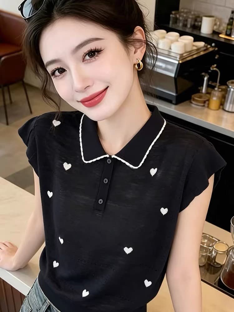 한 부서 하트 자수 POLO 칼라 니트 스웨터 2026 여름 새로운 Feifei 소매 베이비 칼라 다용도 연령 감소 맨위 이미지 2