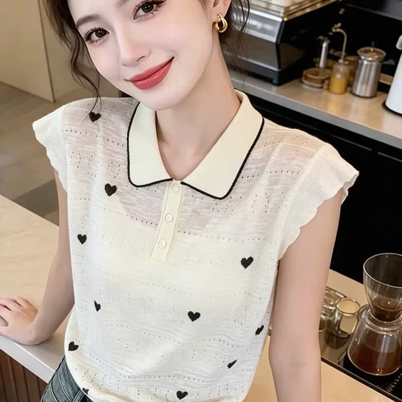 한 부서 하트 자수 POLO 칼라 니트 스웨터 2026 여름 새로운 Feifei 소매 베이비 칼라 다용도 연령 감소 맨위 이미지 3