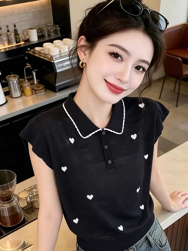 한 부서 하트 자수 POLO 칼라 니트 스웨터 2026 여름 새로운 Feifei 소매 베이비 칼라 다용도 연령 감소 맨위 이미지 4