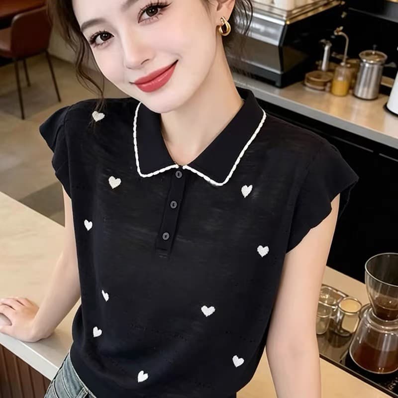 한 부서 하트 자수 POLO 칼라 니트 스웨터 2026 여름 새로운 Feifei 소매 베이비 칼라 다용도 연령 감소 맨위 이미지 5