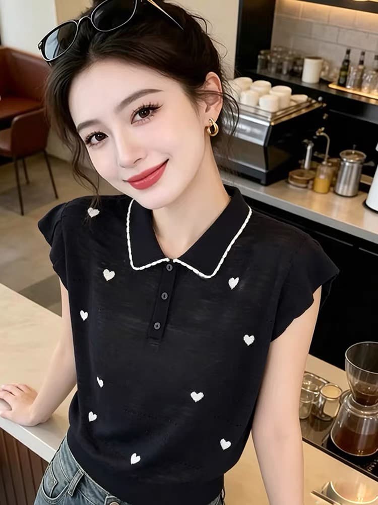 한 부서 하트 자수 POLO 칼라 니트 스웨터 2026 여름 새로운 Feifei 소매 베이비 칼라 다용도 연령 감소 맨위 상세 이미지 1