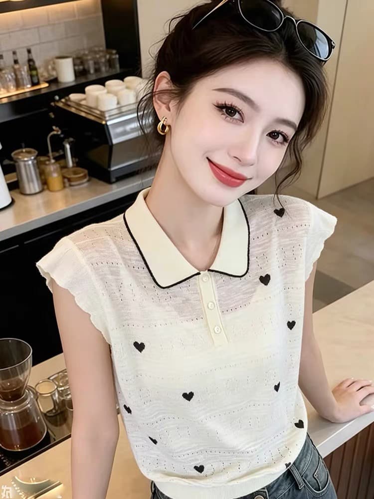 한 부서 하트 자수 POLO 칼라 니트 스웨터 2026 여름 새로운 Feifei 소매 베이비 칼라 다용도 연령 감소 맨위 상세 이미지 2