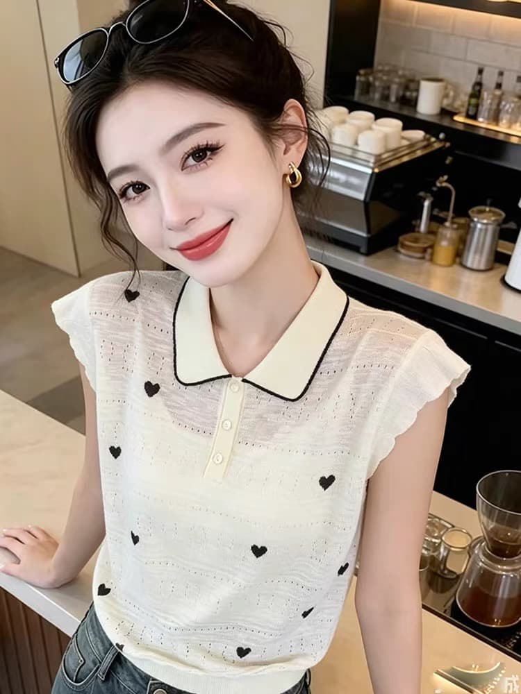 한 부서 하트 자수 POLO 칼라 니트 스웨터 2026 여름 새로운 Feifei 소매 베이비 칼라 다용도 연령 감소 맨위 상세 이미지 3