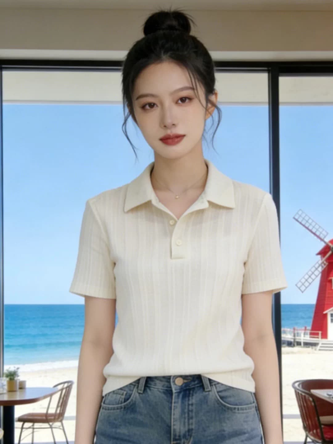 한 부서 부드러운 바람 POLO 칼라 니트 반팔 티셔츠 여성 여름 디자인 센스 세로 줄무늬 몸매 가꾸기 슬림해 보이는 짧은 맨위