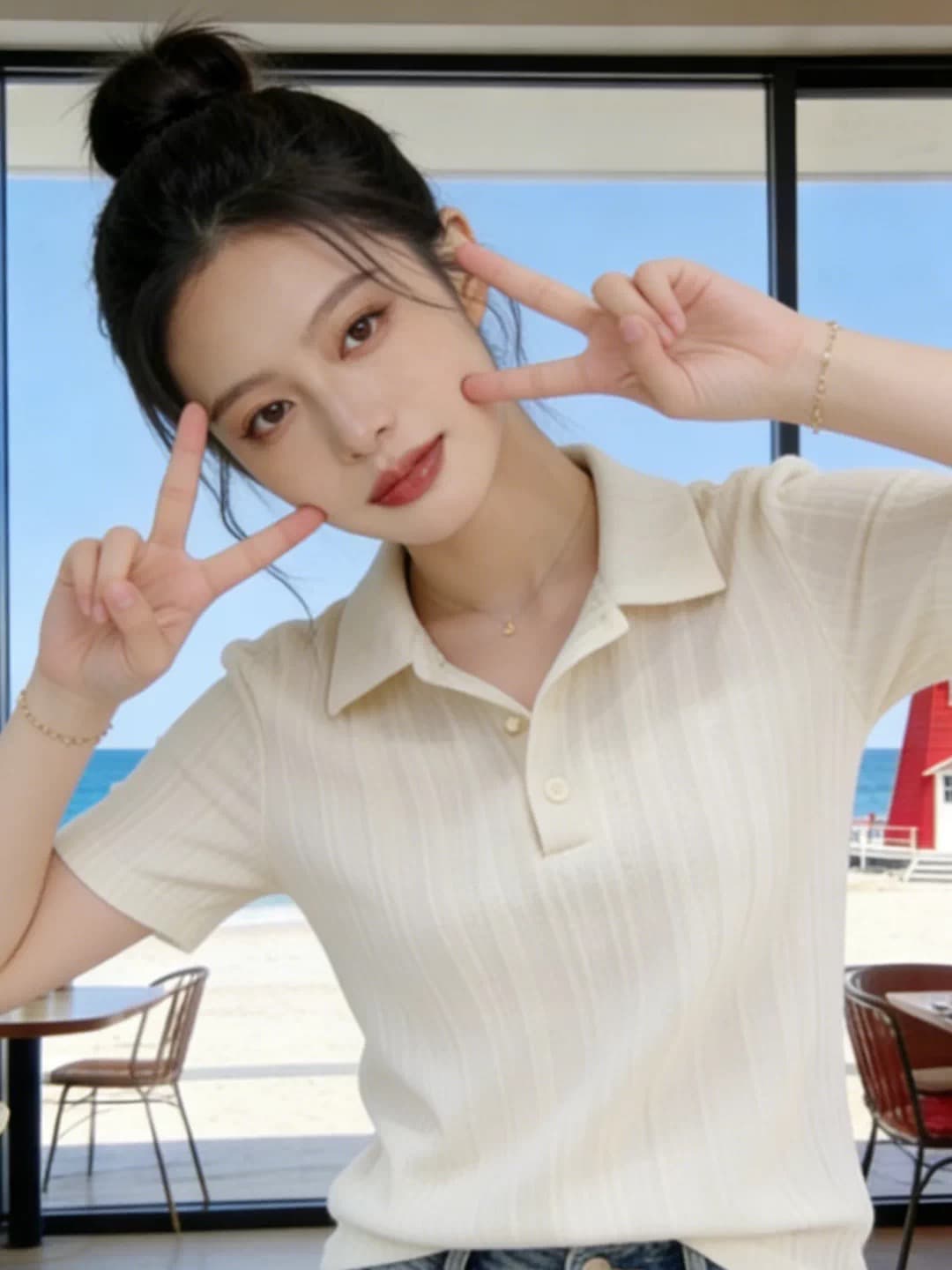 한 부서 부드러운 바람 POLO 칼라 니트 반팔 티셔츠 여성 여름 디자인 센스 세로 줄무늬 몸매 가꾸기 슬림해 보이는 짧은 맨위 이미지 3