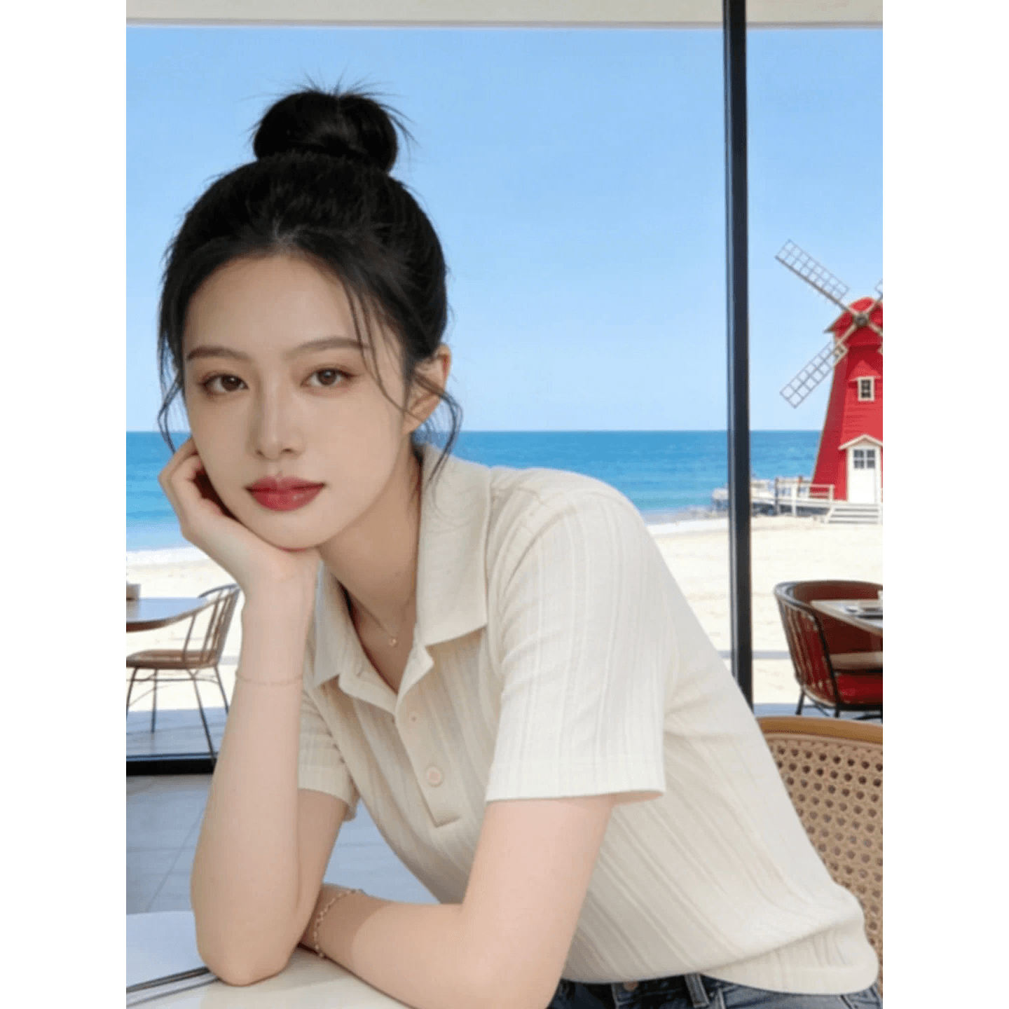 한 부서 부드러운 바람 POLO 칼라 니트 반팔 티셔츠 여성 여름 디자인 센스 세로 줄무늬 몸매 가꾸기 슬림해 보이는 짧은 맨위 이미지 5