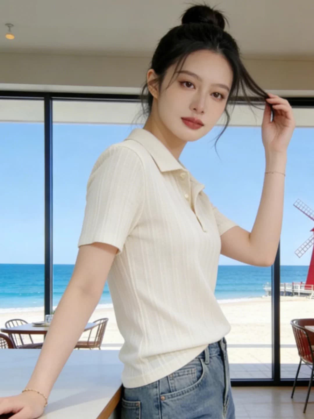 한 부서 부드러운 바람 POLO 칼라 니트 반팔 티셔츠 여성 여름 디자인 센스 세로 줄무늬 몸매 가꾸기 슬림해 보이는 짧은 맨위 상세 이미지 2