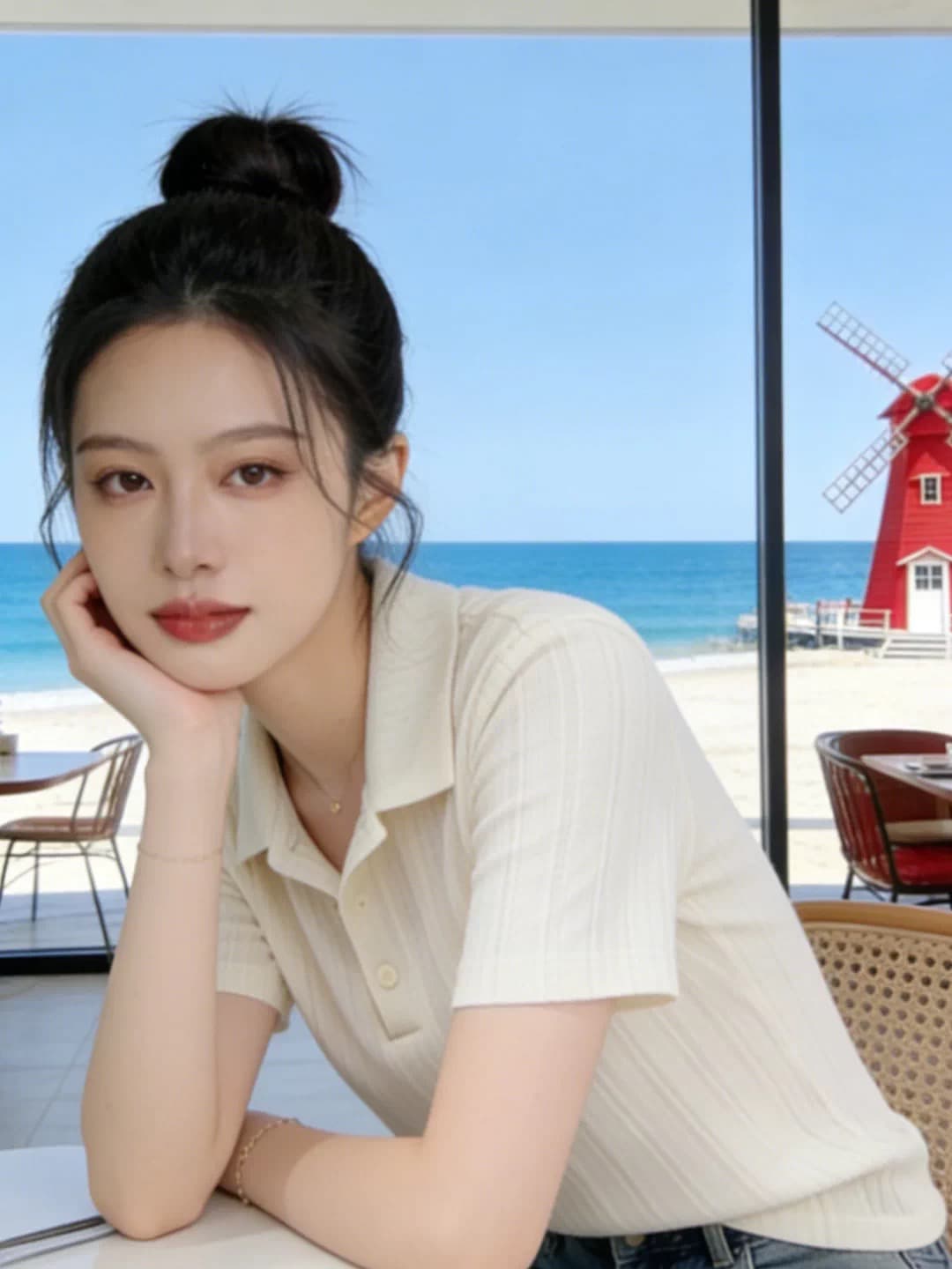 한 부서 부드러운 바람 POLO 칼라 니트 반팔 티셔츠 여성 여름 디자인 센스 세로 줄무늬 몸매 가꾸기 슬림해 보이는 짧은 맨위 상세 이미지 5