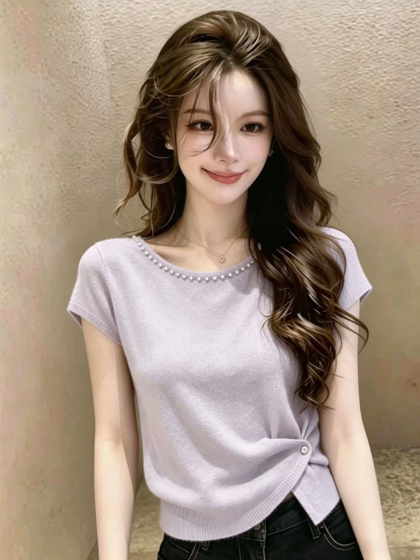 불규칙 라운드 넥 핫픽스 얼음 실크 반팔 니트 스웨터 여자 2026 새로운 여름 고유 한 아름다운 얇은 스타일 맨위 이미지 3