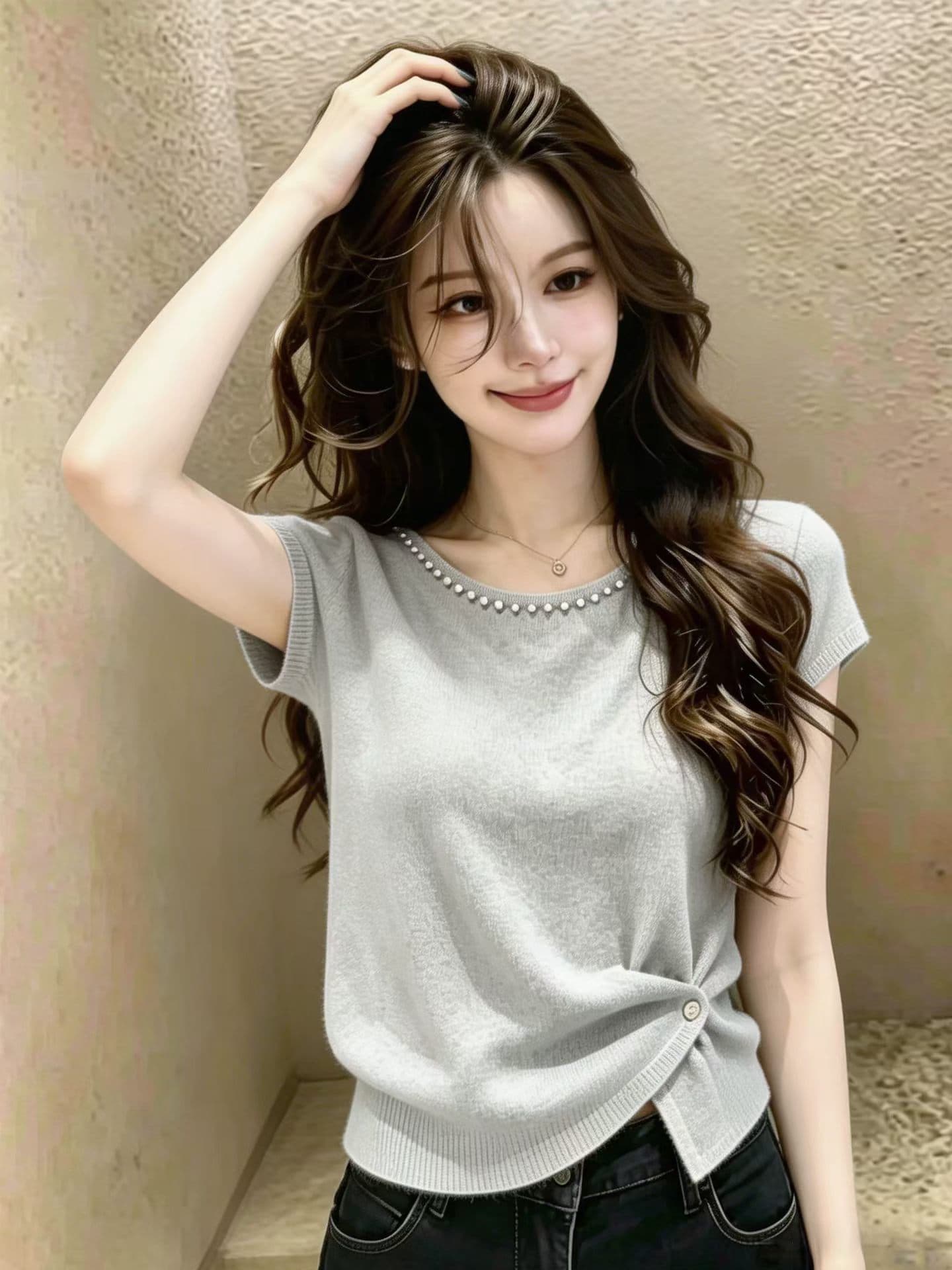 불규칙 라운드 넥 핫픽스 얼음 실크 반팔 니트 스웨터 여자 2026 새로운 여름 고유 한 아름다운 얇은 스타일 맨위 상세 이미지 4