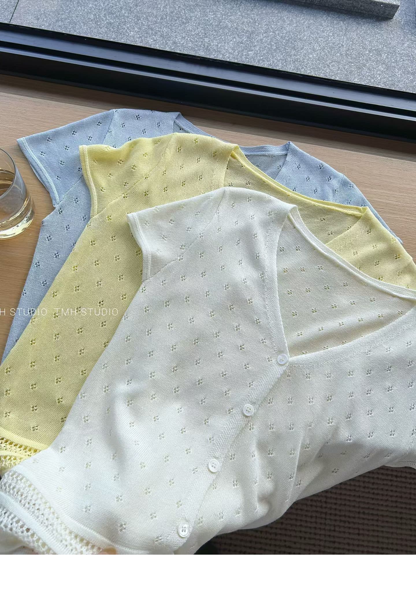 한 부서 황색 V넥 홀로우 아웃 니트 오픈 가디건 반팔 티셔츠 여성 여름 얇은 스타일 자이언트 잘 생긴 ~ 중 고유 한 아름다운 맨위 이미지 4