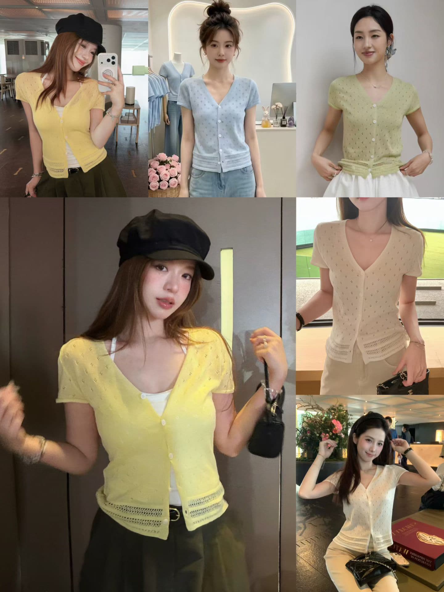 한 부서 황색 V넥 홀로우 아웃 니트 오픈 가디건 반팔 티셔츠 여성 여름 얇은 스타일 자이언트 잘 생긴 ~ 중 고유 한 아름다운 맨위 상세 이미지 1