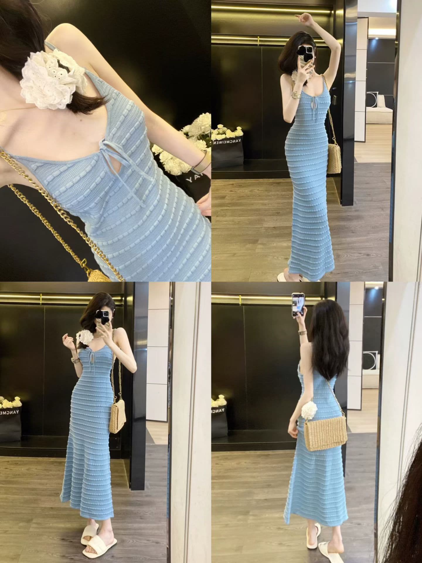 질감 센스 u 칼라 홀로우 아웃 레이스업 몸매 가꾸기 슬림해 보이는 여성 드레스 여름 순수한 욕망 허리 수축 타이트 스커트 슬립 길다 치마 상세 이미지 1