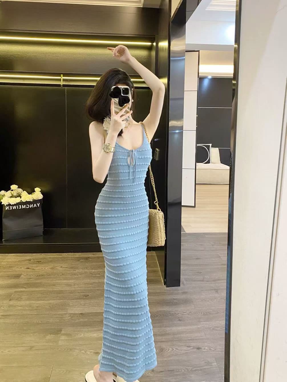 질감 센스 u 칼라 홀로우 아웃 레이스업 몸매 가꾸기 슬림해 보이는 여성 드레스 여름 순수한 욕망 허리 수축 타이트 스커트 슬립 길다 치마 상세 이미지 2