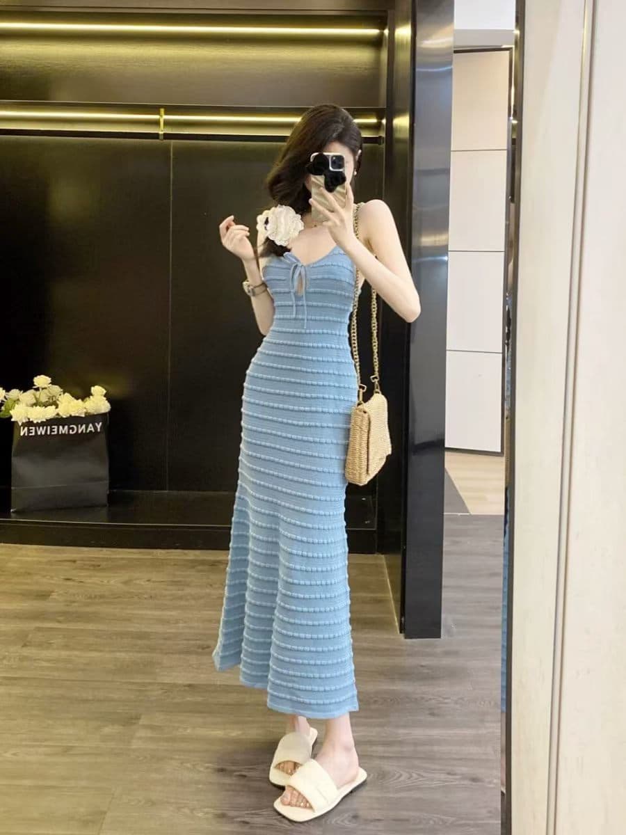 질감 센스 u 칼라 홀로우 아웃 레이스업 몸매 가꾸기 슬림해 보이는 여성 드레스 여름 순수한 욕망 허리 수축 타이트 스커트 슬립 길다 치마 상세 이미지 4