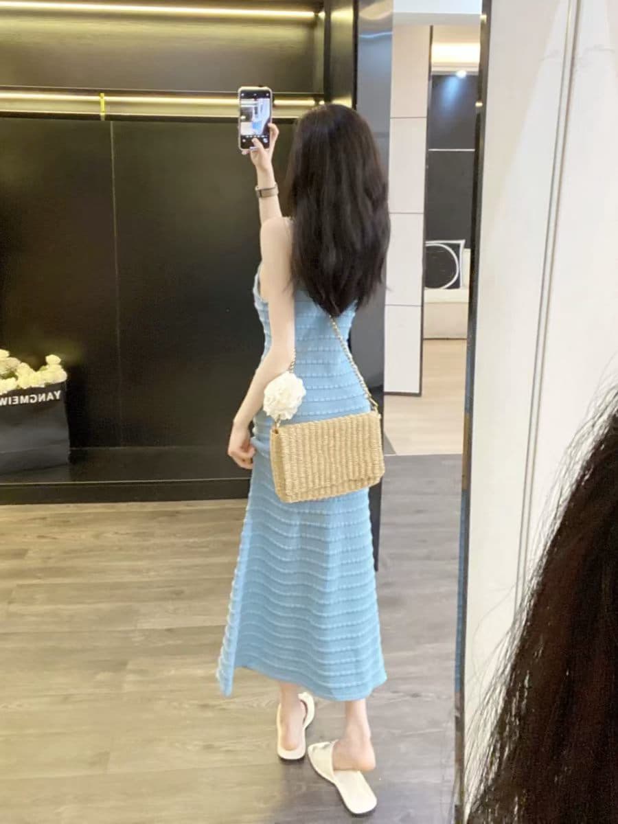 질감 센스 u 칼라 홀로우 아웃 레이스업 몸매 가꾸기 슬림해 보이는 여성 드레스 여름 순수한 욕망 허리 수축 타이트 스커트 슬립 길다 치마 상세 이미지 6