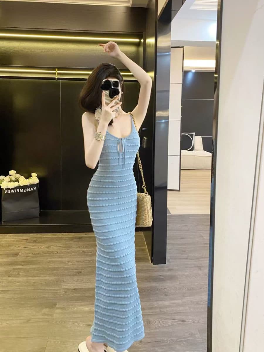 질감 센스 u 칼라 홀로우 아웃 레이스업 몸매 가꾸기 슬림해 보이는 여성 드레스 여름 순수한 욕망 허리 수축 타이트 스커트 슬립 길다 치마 상세 이미지 7