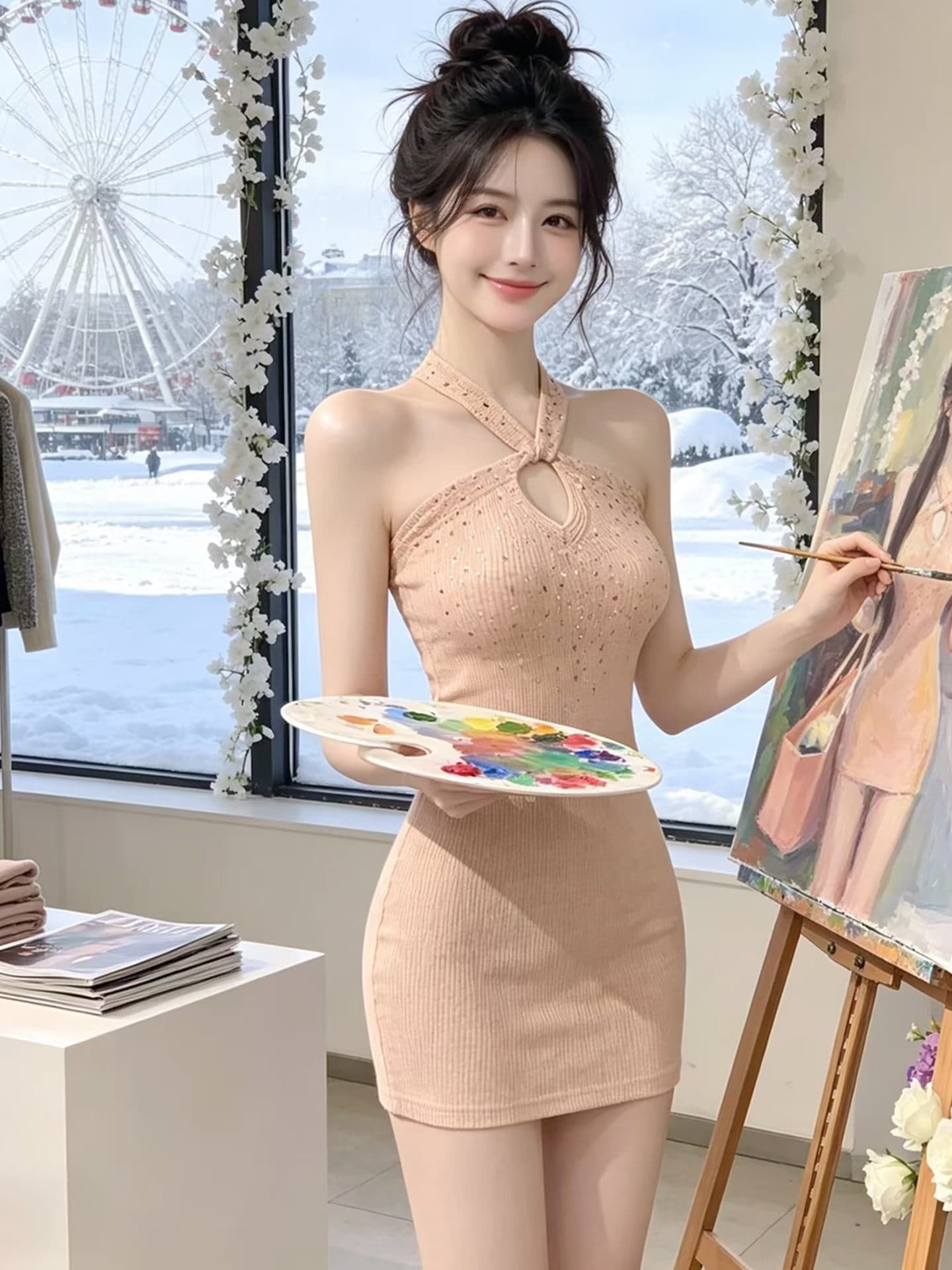 프랑스식 순수한 욕망 행침 목 십자가 홀로우 아웃 니트 여성 드레스 여름 드레스 새로운 핫걸 바람 허리 수축 슬림해 보이는 타이트 스커트 이미지 2
