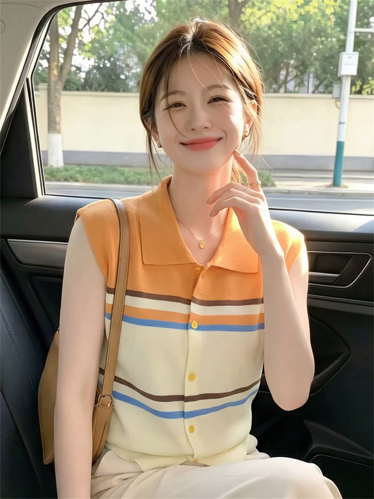 폴로 칼라 배색 스트라이프 얼음 마 작은 날다 소매 니트 오픈 가디건 여성 여름 새로운 연령 감소 외국 가스 어깨 다용도 작은 셔츠