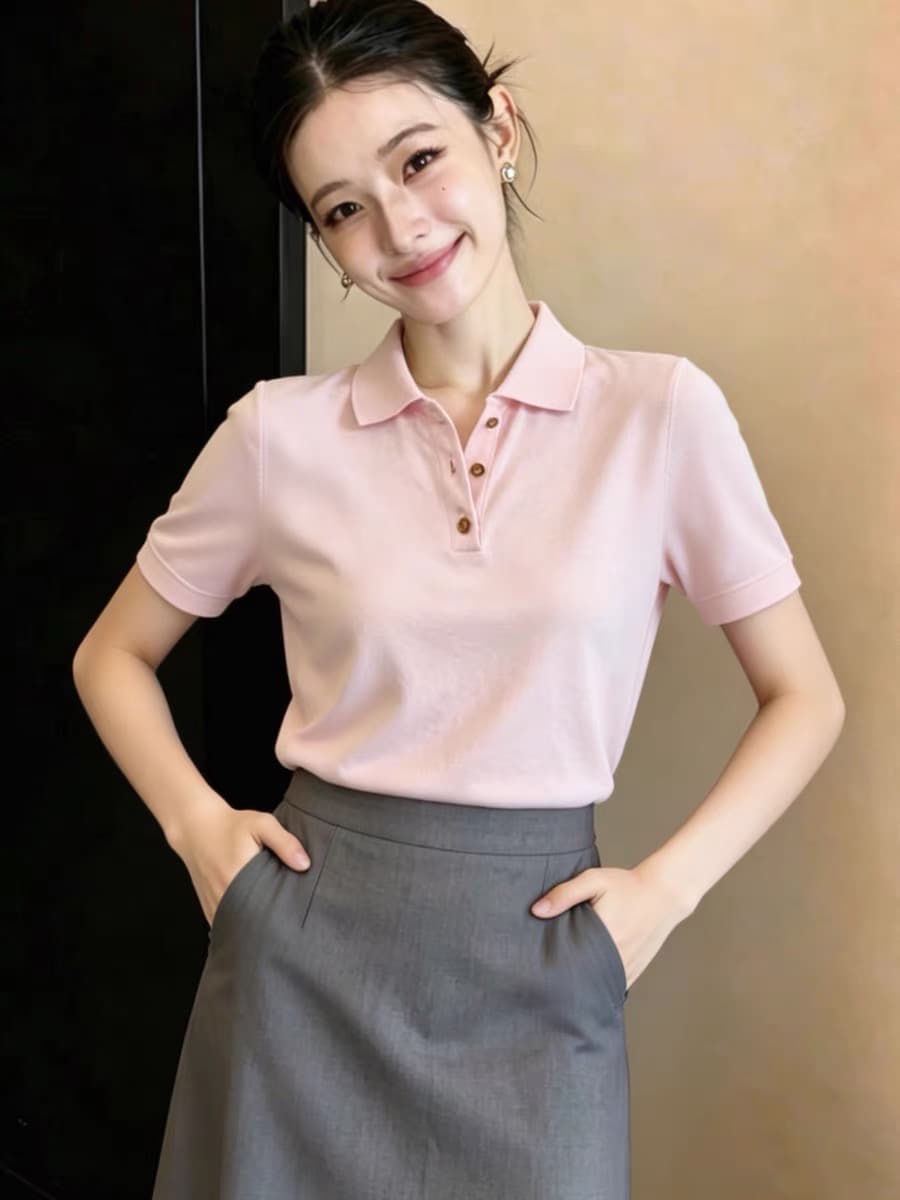 한 부서 POLO 칼라 얼음 실크 반팔 티셔츠 여성 2026 새로운 여름 폭발 허리 수축 슬림해 보이는 다용도 니트 맨위 상세 이미지 5