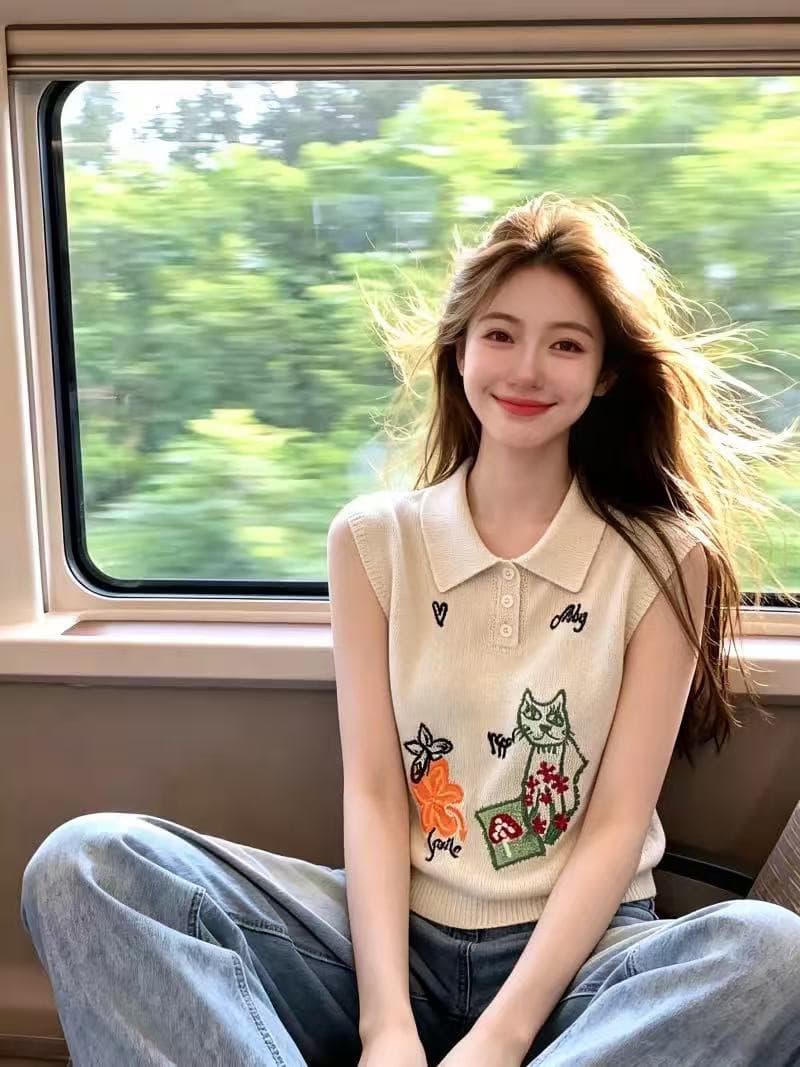 보존 섹션 추천 한 부서 만화 자수 POLO 칼라 니트 조끼 여성 여름 새로운 연령 감소 다용도 맨위 상세 이미지 9