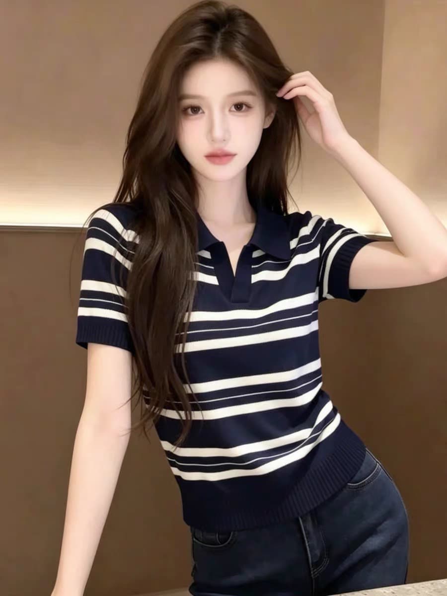 디자인 센스 스트라이프 POLO 칼라 니트 반팔 여성 여름 2026 새로운 고유 한 아름다운 얇은 스타일 니트 스웨터 맨위 이미지 2