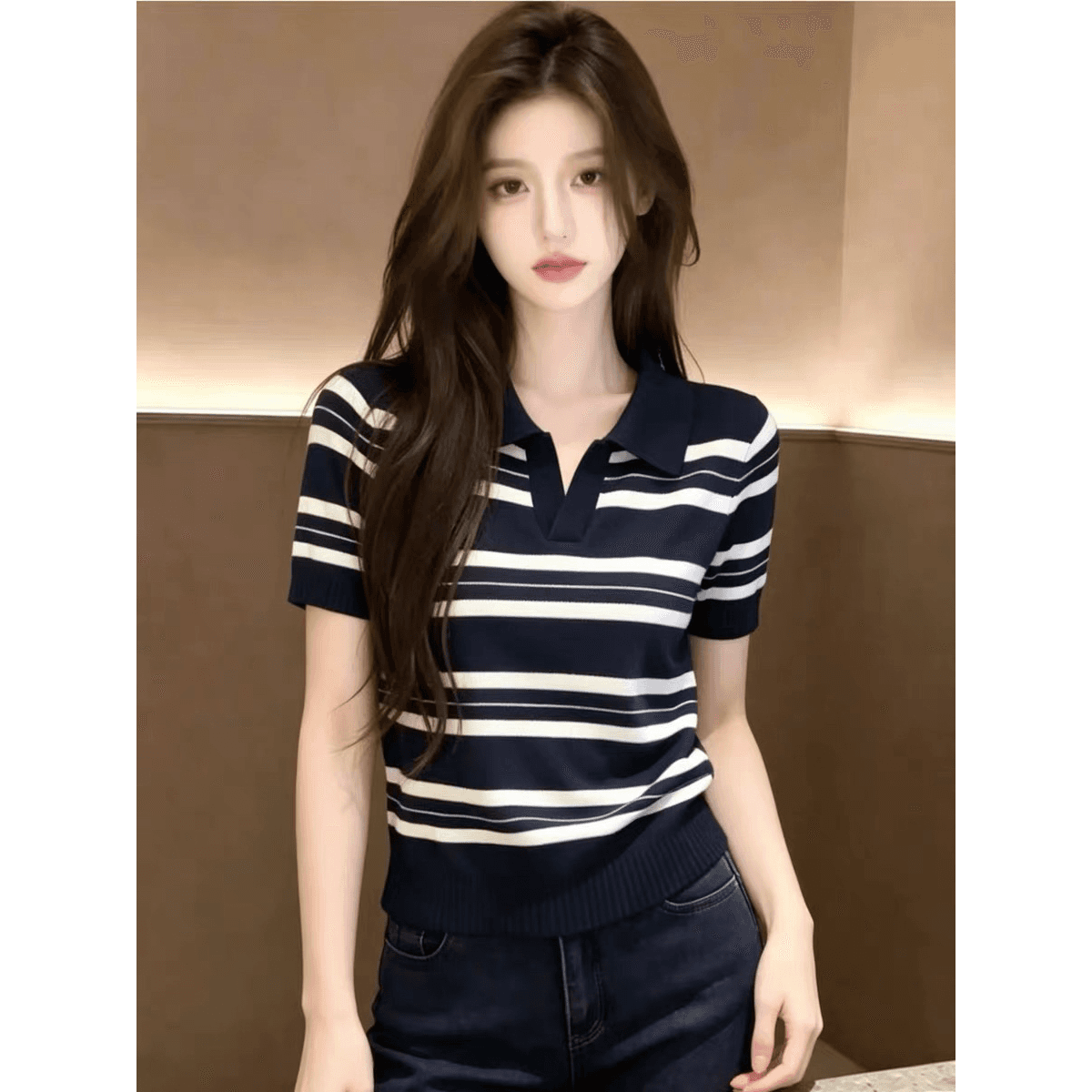 디자인 센스 스트라이프 POLO 칼라 니트 반팔 여성 여름 2026 새로운 고유 한 아름다운 얇은 스타일 니트 스웨터 맨위 이미지 5