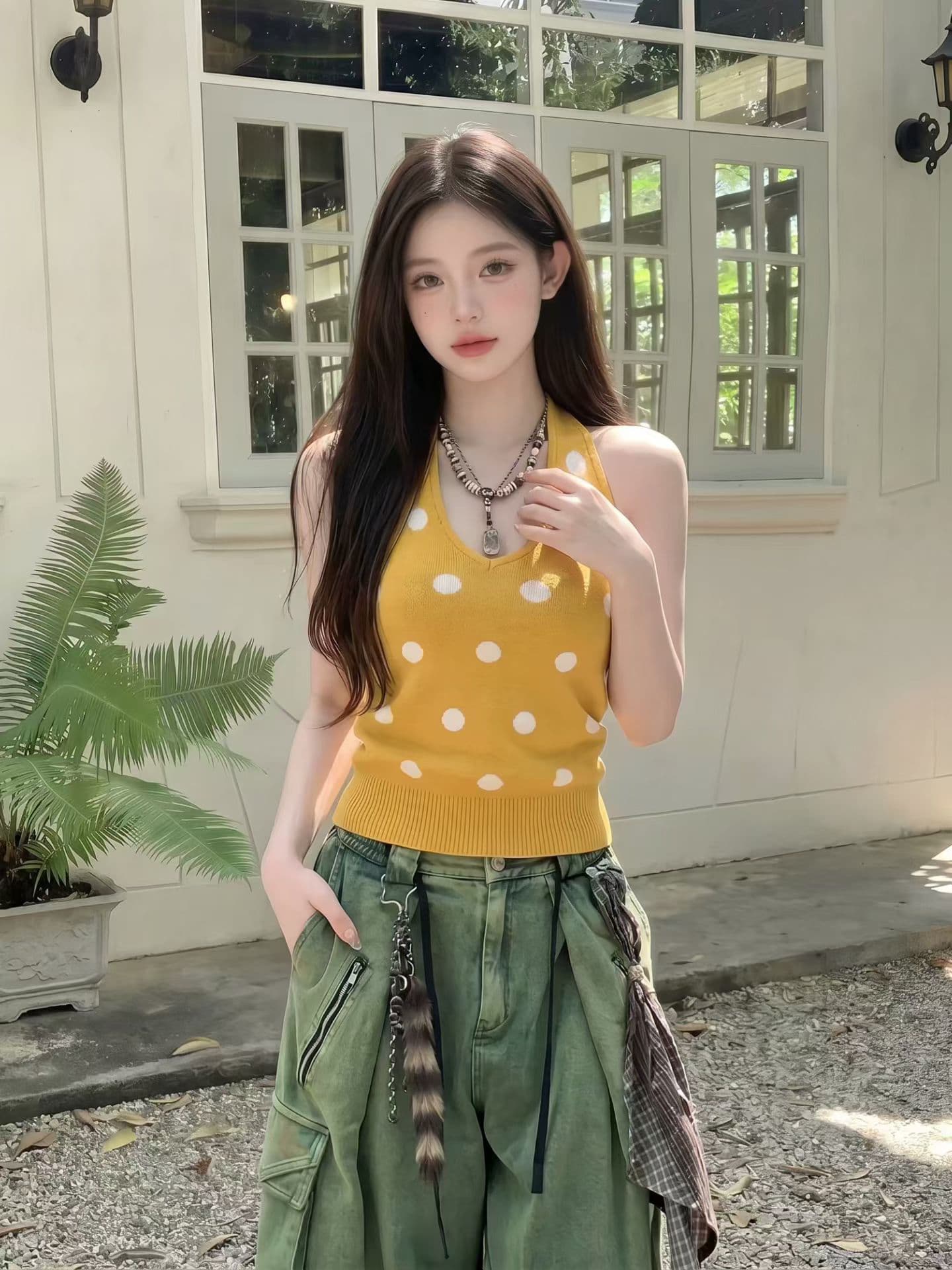 한 부서 레트로 황색 도트 무늬 민소매 슬립 행침 목 조끼 여성 여름 몸매 가꾸기 슬림해 보이는 디자인 센스 다용도 맨위 상세 이미지 7
