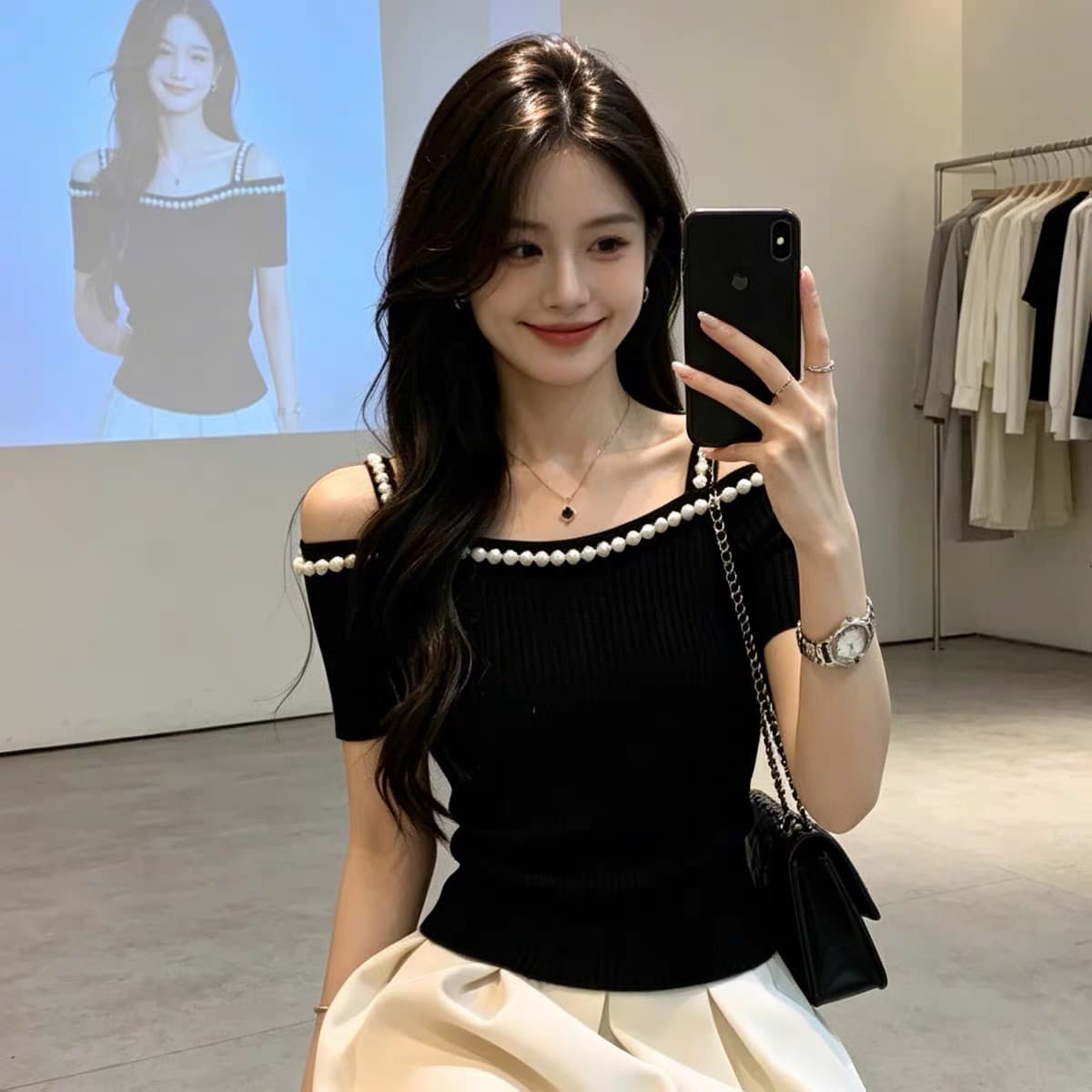 한 부서 순수한 욕망 바람 백리스 진주 측면 오프숄더 니트 스웨터 여성 여름 몸매 가꾸기 슬림해 보이는 다용도 외출용 맨위 이미지 2