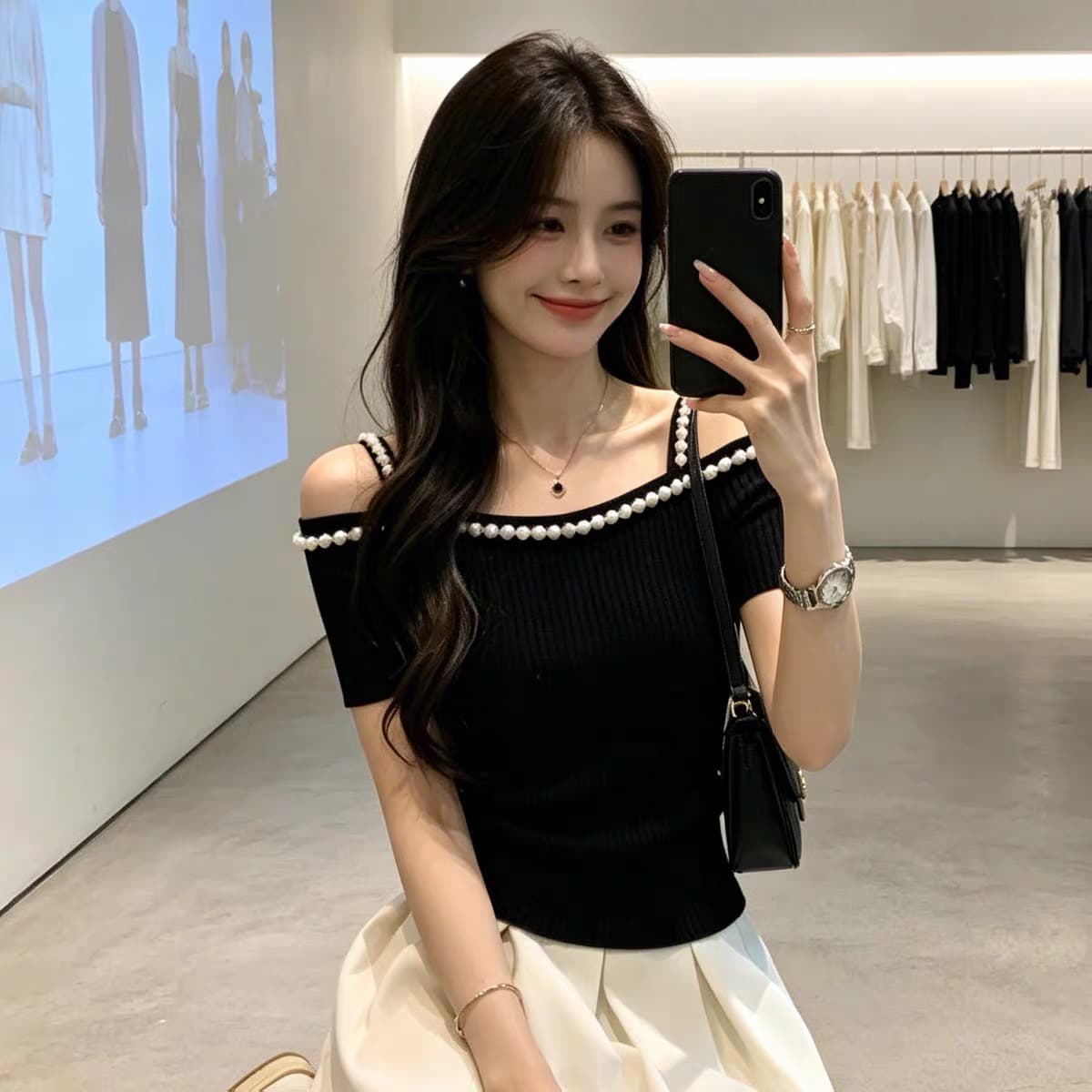 한 부서 순수한 욕망 바람 백리스 진주 측면 오프숄더 니트 스웨터 여성 여름 몸매 가꾸기 슬림해 보이는 다용도 외출용 맨위 이미지 3