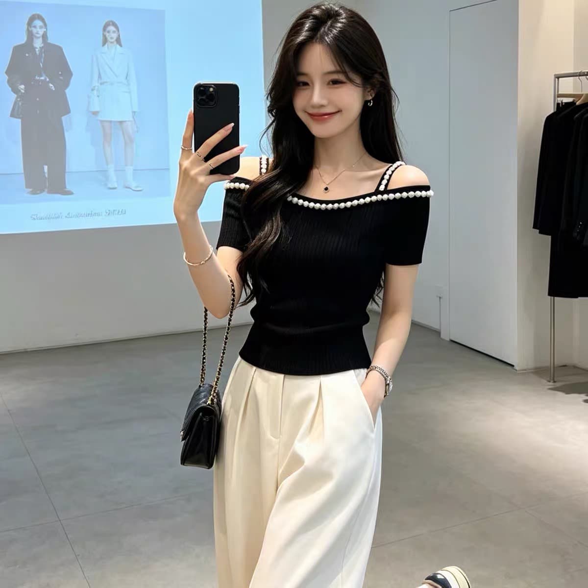 한 부서 순수한 욕망 바람 백리스 진주 측면 오프숄더 니트 스웨터 여성 여름 몸매 가꾸기 슬림해 보이는 다용도 외출용 맨위 이미지 4