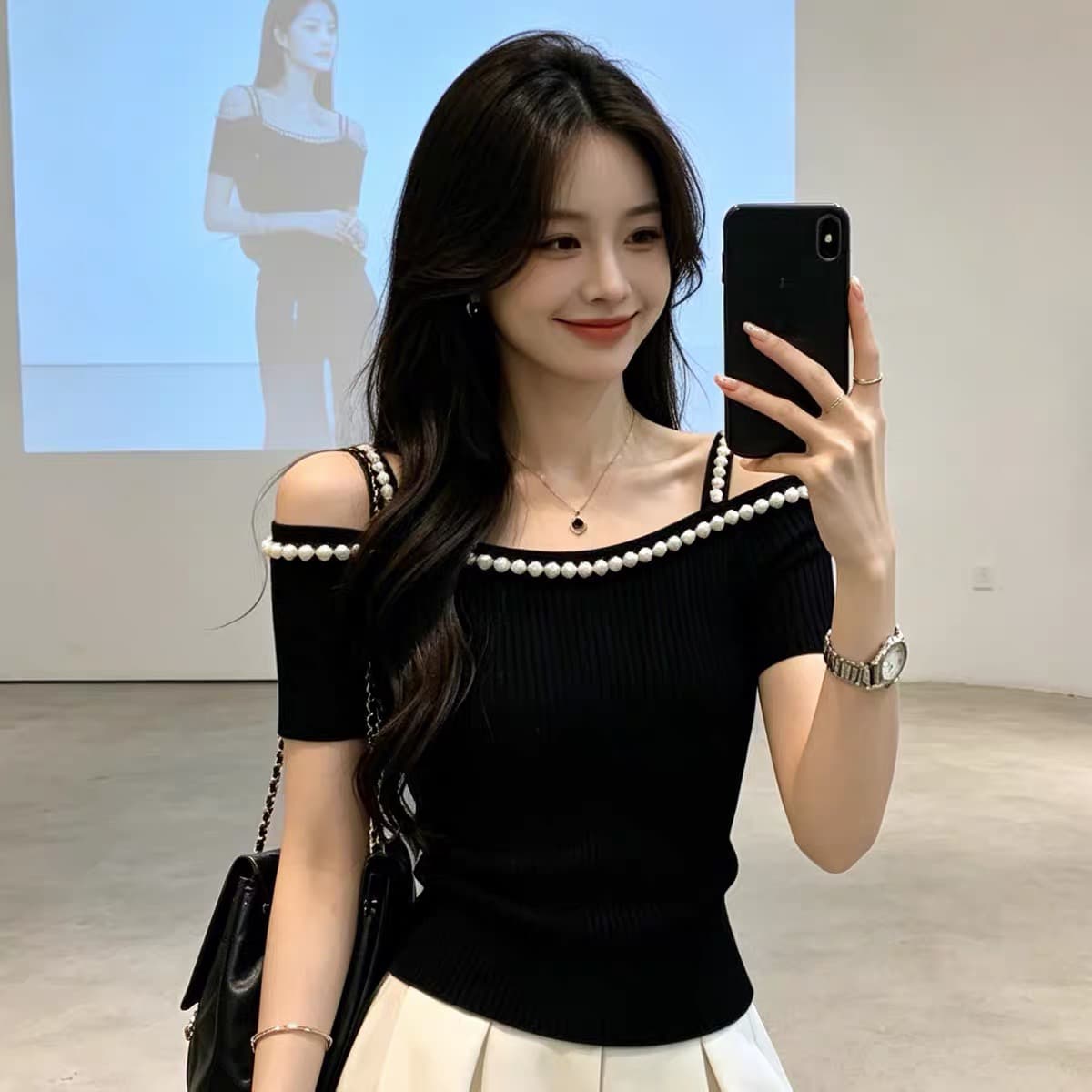한 부서 순수한 욕망 바람 백리스 진주 측면 오프숄더 니트 스웨터 여성 여름 몸매 가꾸기 슬림해 보이는 다용도 외출용 맨위 이미지 5