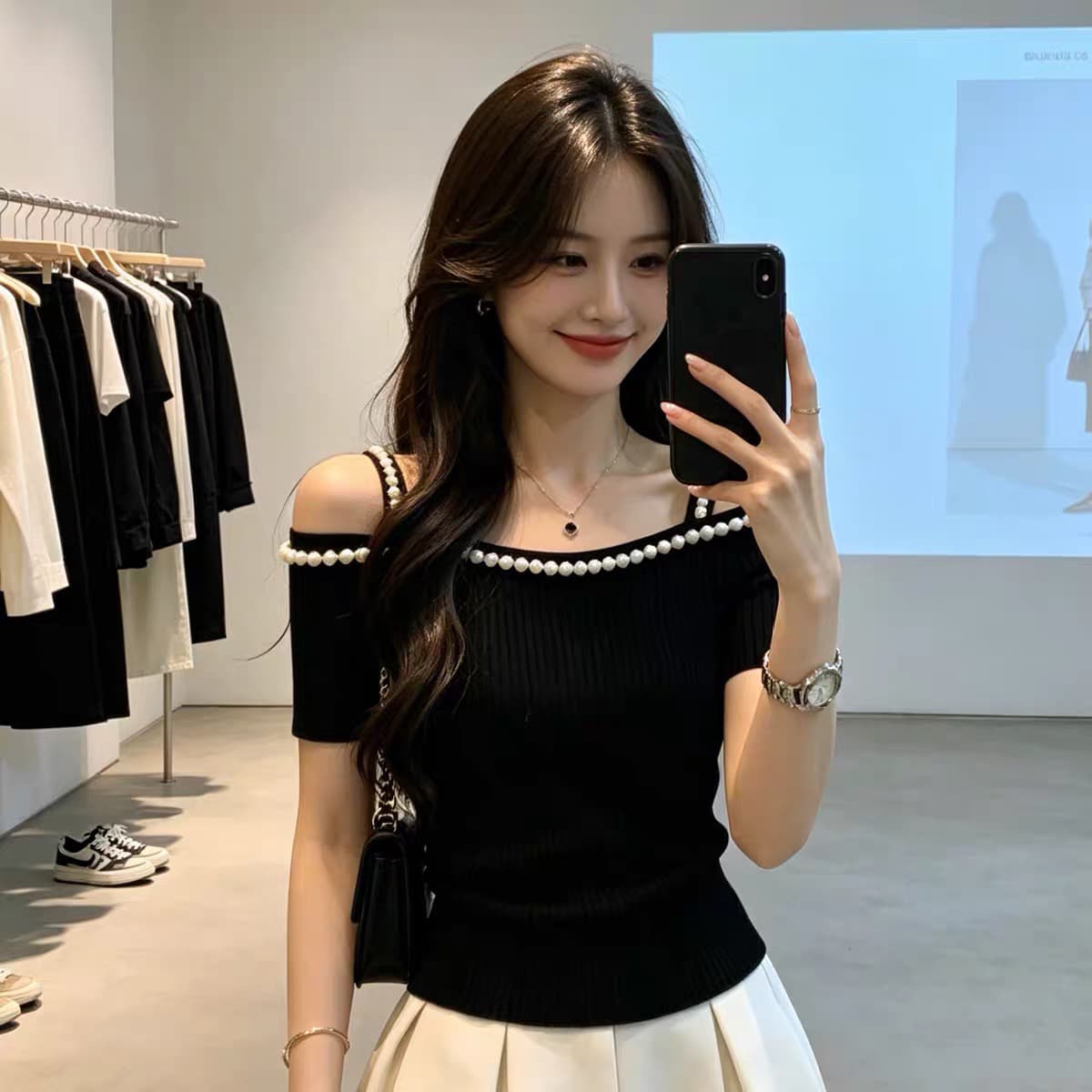 한 부서 순수한 욕망 바람 백리스 진주 측면 오프숄더 니트 스웨터 여성 여름 몸매 가꾸기 슬림해 보이는 다용도 외출용 맨위 상세 이미지 1