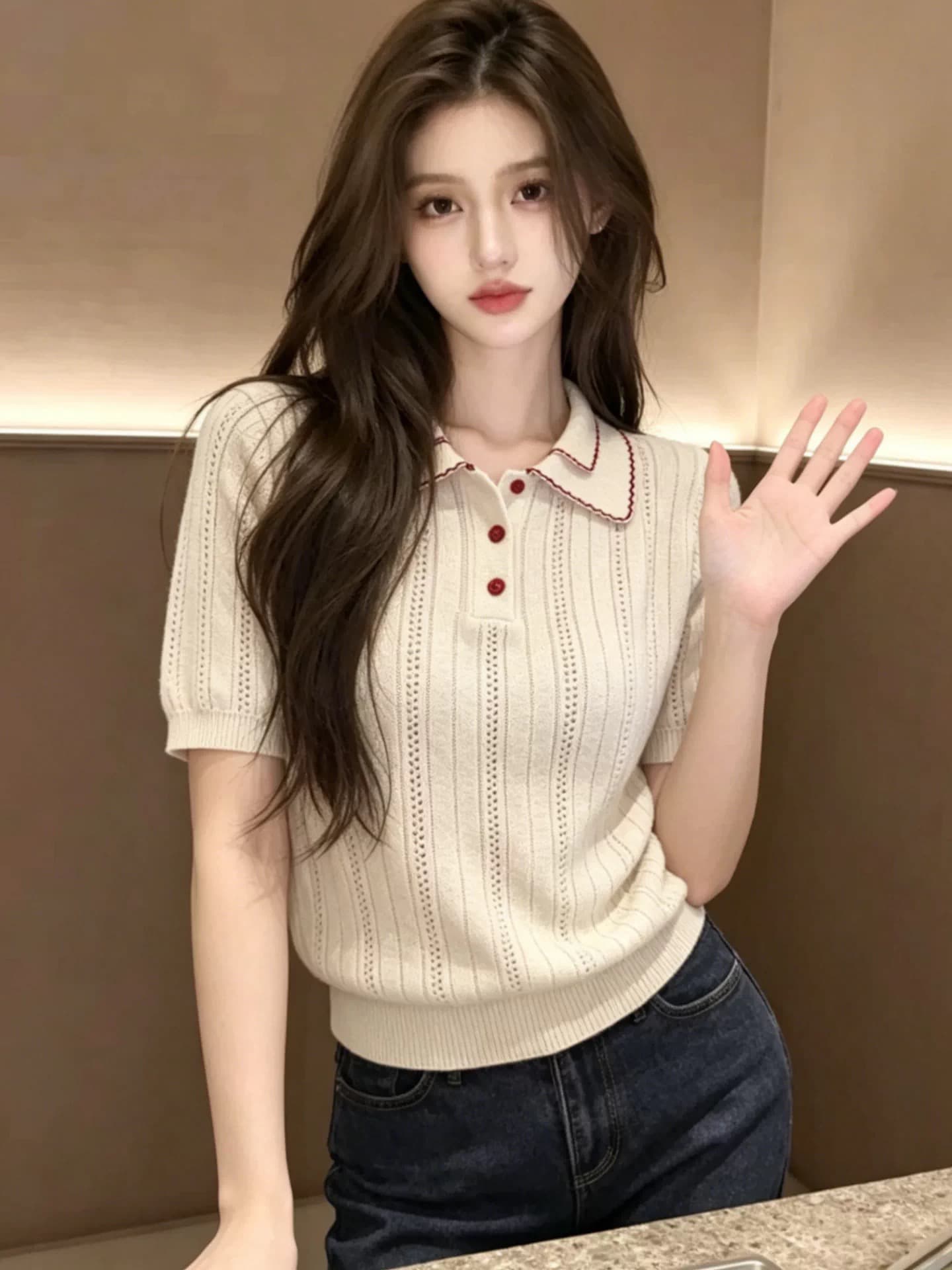 한 부서 배색 니트 반팔 POLO 셔츠 여성 여름 2026 새로운 디자인 센스 홀로우 아웃 얇은 스타일 니트 스웨터 맨위 이미지 3